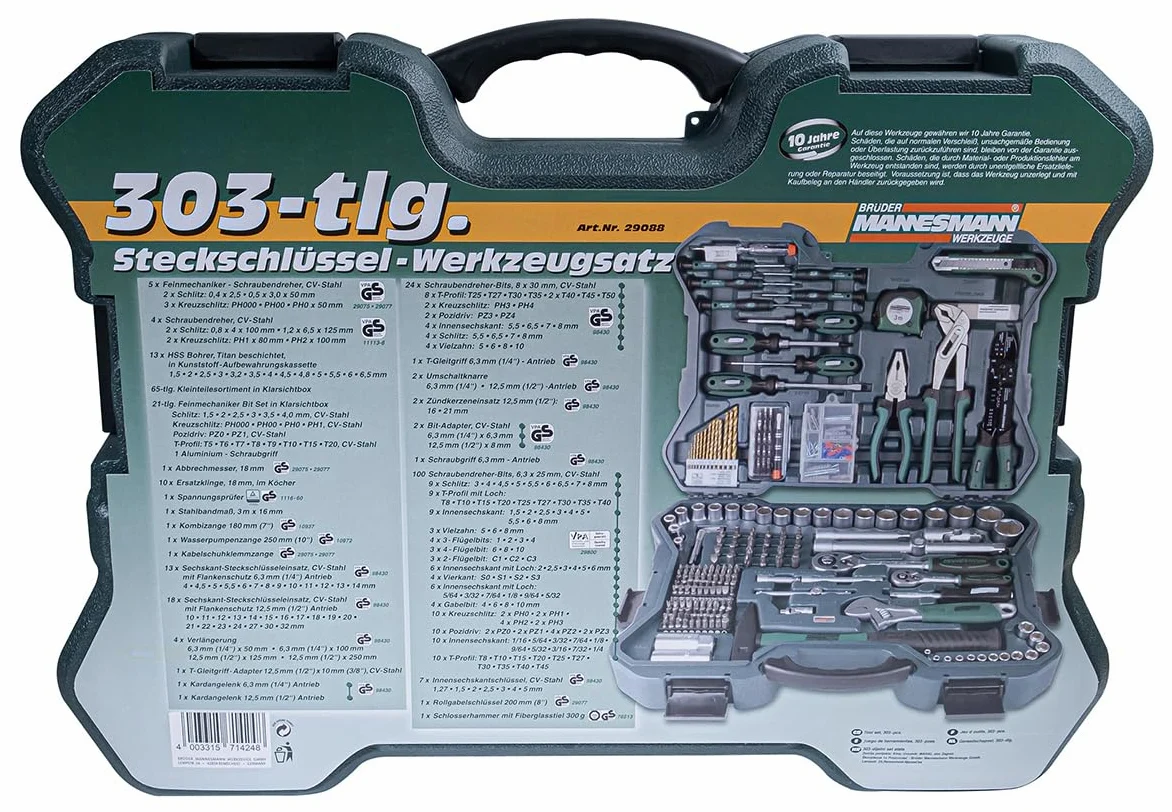 Mannesmann - M29088 – Set chiavi a tubo e attrezzi, 303 pz.