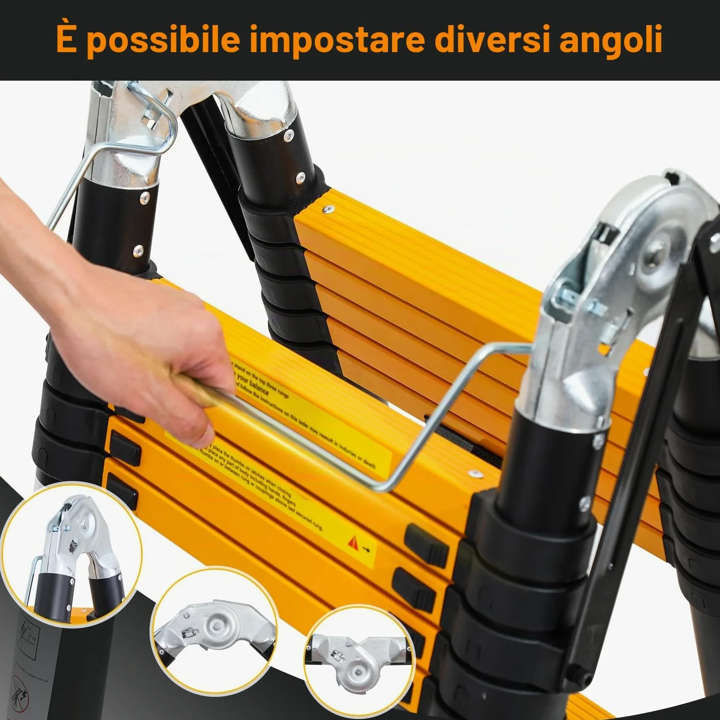 Eulenke Scala telescopica in alluminio 5 m / 2,5m + 2,5m, scala pieghevole con bilanciere e ruote, scala retrattile portata 150 kg, scala pieghevole salvaspazio, antiscivolo, nero e giallo