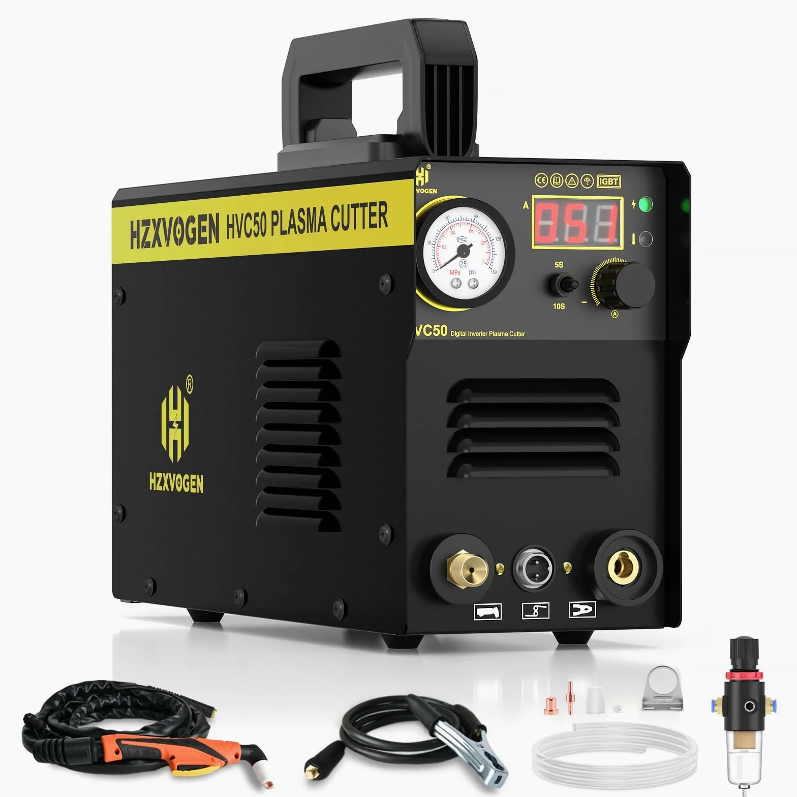 H HZXVOGEN Taglierina al Plasma 50A 230V, Taglio Max Acciaio 15mm, Taglio Pulito 8mm, Inverter IGBT DC, Accensione HF, Display Digitale, Raffreddamento Intelligente per Principianti e Hobbisti