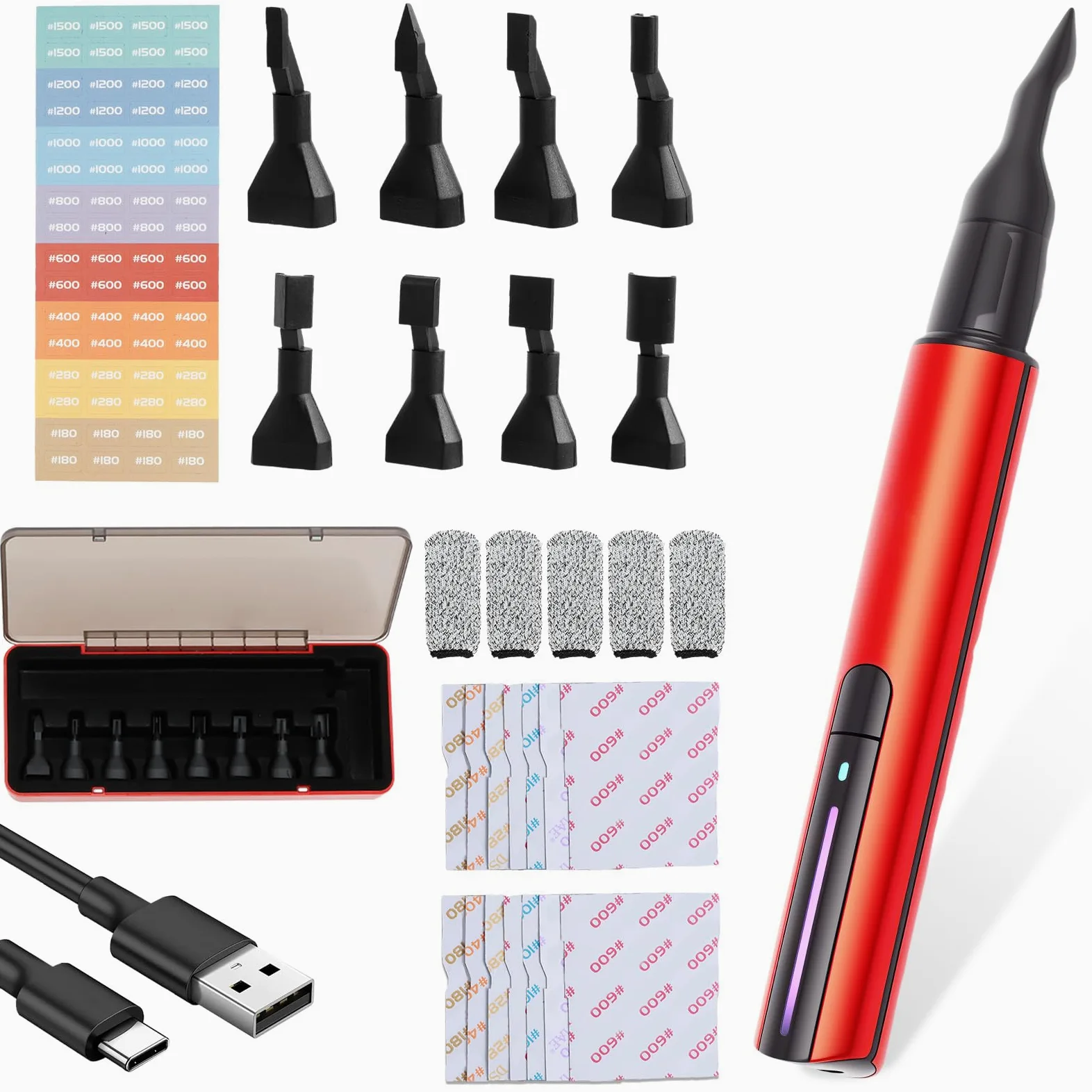 Mini penna per levigatrice alternativa, ricaricabile tramite USB, con protezione da sovraccarico, 3 velocità regolabili, include 8 teste abrasive e 12 tipi di carta vetrata, per fai da te e lucidatura