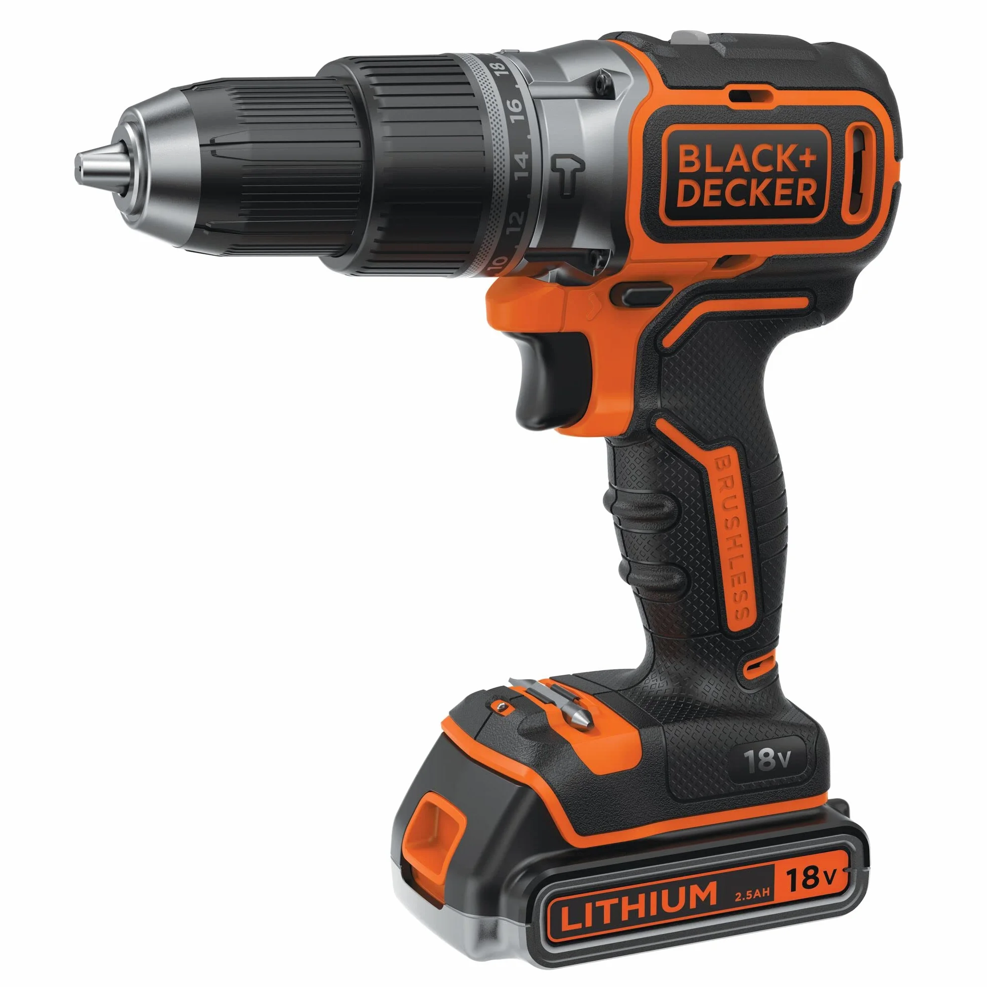 BLACK+DECKER Trapano avvitatore a percussione 18V, motore senza spazzole, mandrino 13mm, LED, 2 batterie, 50 accessori, caricabatterie, borsa, BL188ME2SA-QW