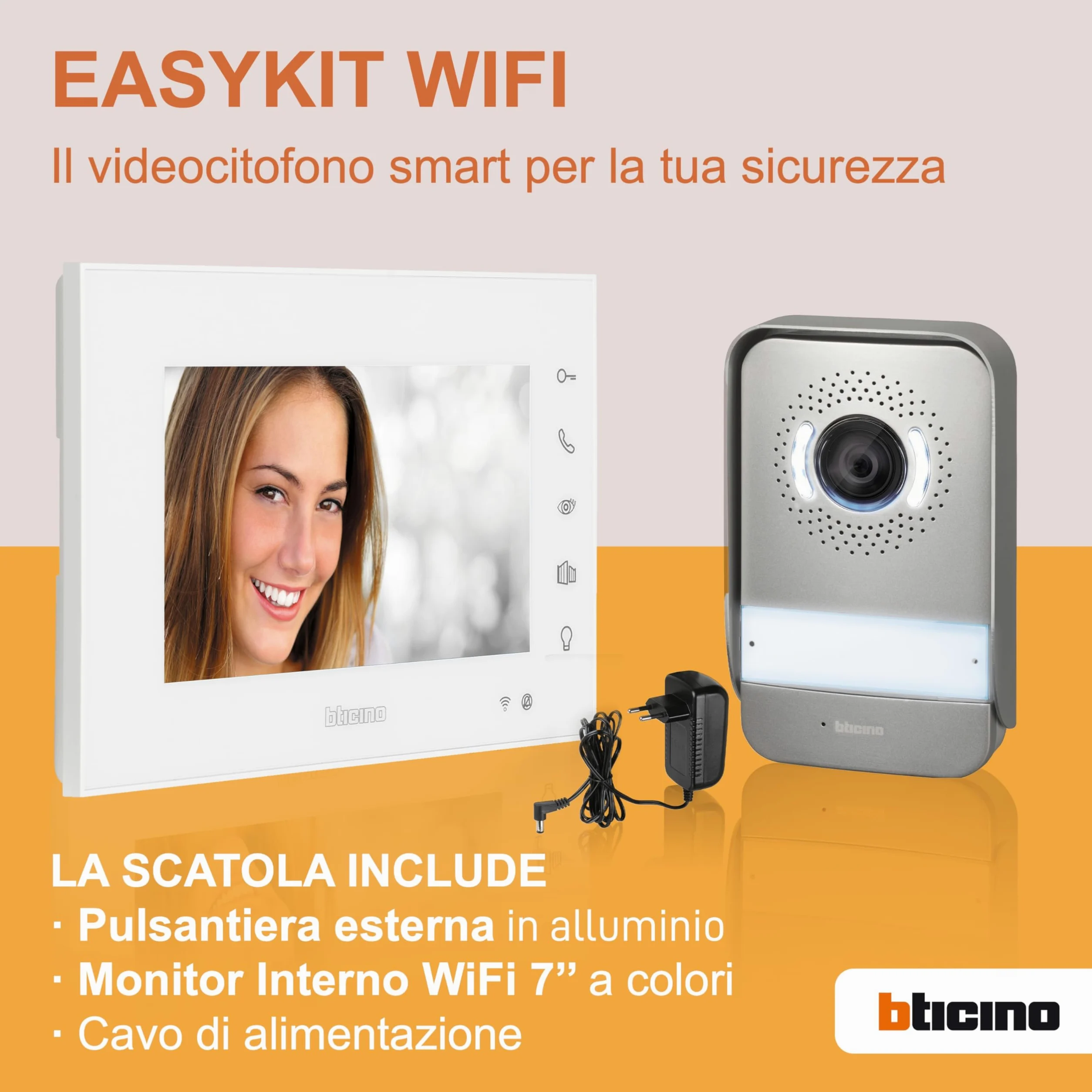 BTICINO 310913 Videocitofono Easykit WiFi, Kit Monofamiliare Espandibile, Senza Fili, Monitor Smart 7" a Colori, Pulsantiera con Visione Notturna, Controllo Accessi da Smartphone, App Home+Security