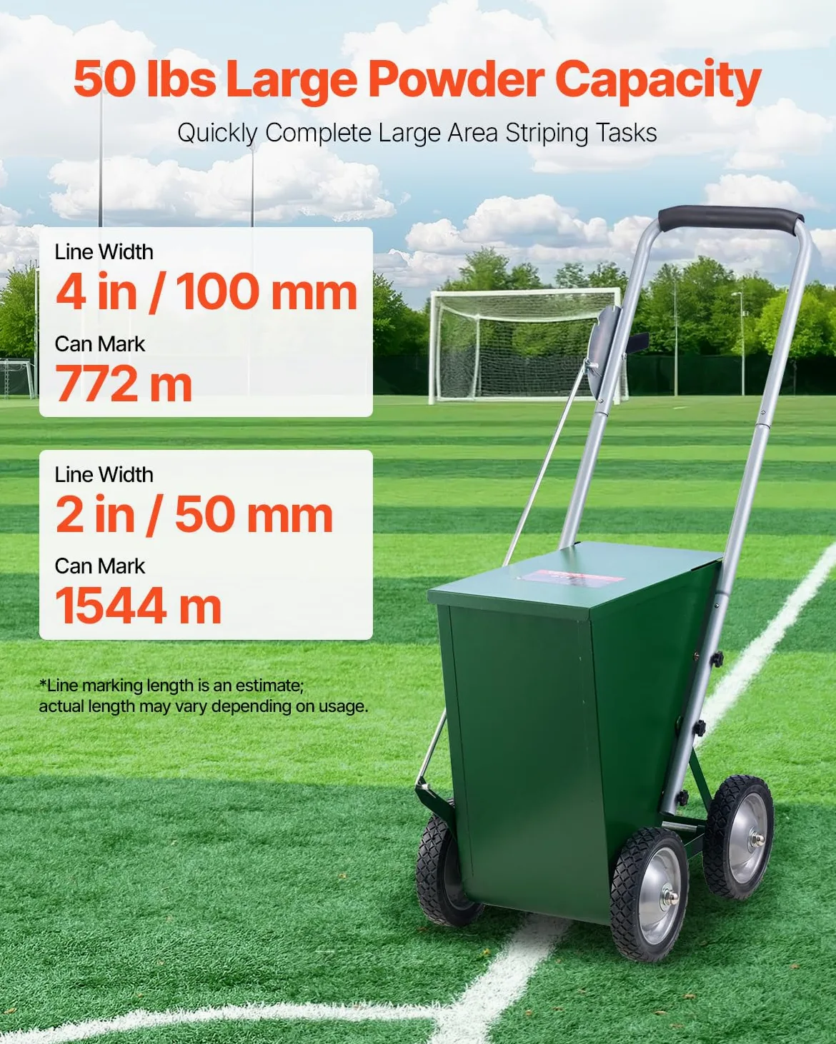 VEVOR Segnalinee a Secco per Campi da Gioco, 4 Ruote, Linee 50-100 mm, Segnalinee Regolabili, con Maniglia di Regolazione in Gomma, Capacità Polvere 22,7 kg, per Baseball Infield, Verde