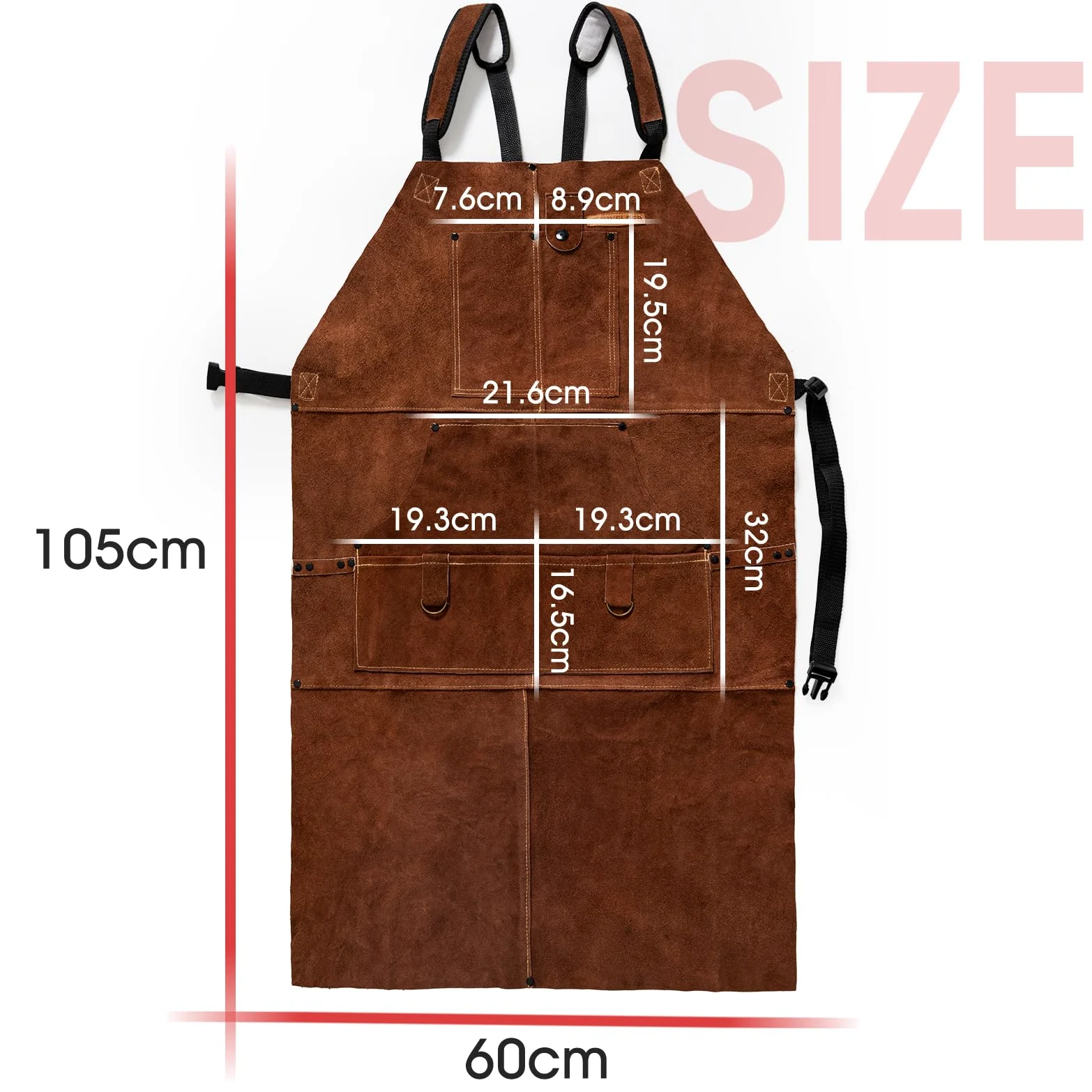 YESWELDER Grembiule da saldatura in pelle con 6 tasche Grembiule da saldatore in pelle bovina resistente al calore e alla fiamma, regolabile per saldatori, uomini e donne, lunghezza 1 m