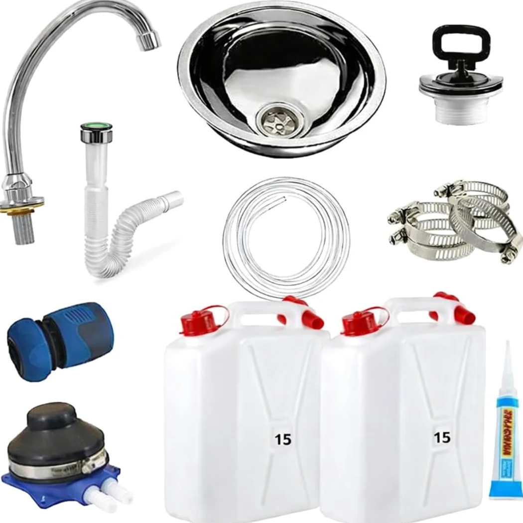 Express Water Kit, Kit per Costruire Lavandino Lavabo Lavello, Portatile Autonomo Trasportabile, con Serbatoio d'Acqua, in Acciaio Inox, con Comando a Pedale, per il Fai da Te, Completo di Accessori