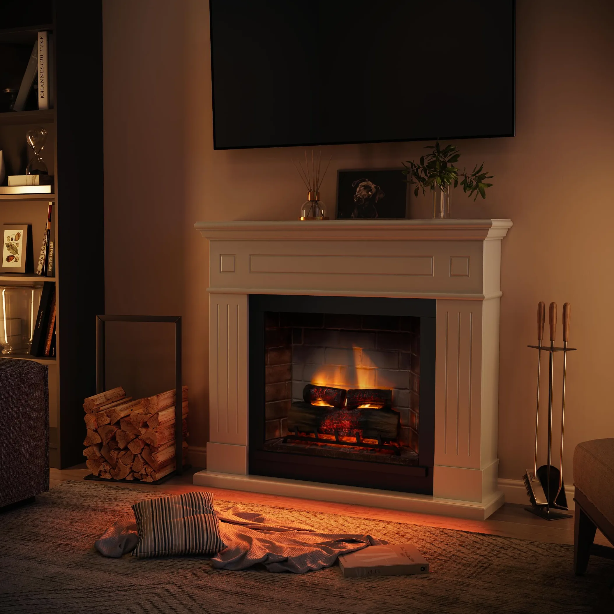 TAGU Larsen Camino Elettrico con PowerFlame 2, Riscaldatore e Termostato, Suono Crepitante, Wi-Fi e Luce Ambientale (Bianco Puro)