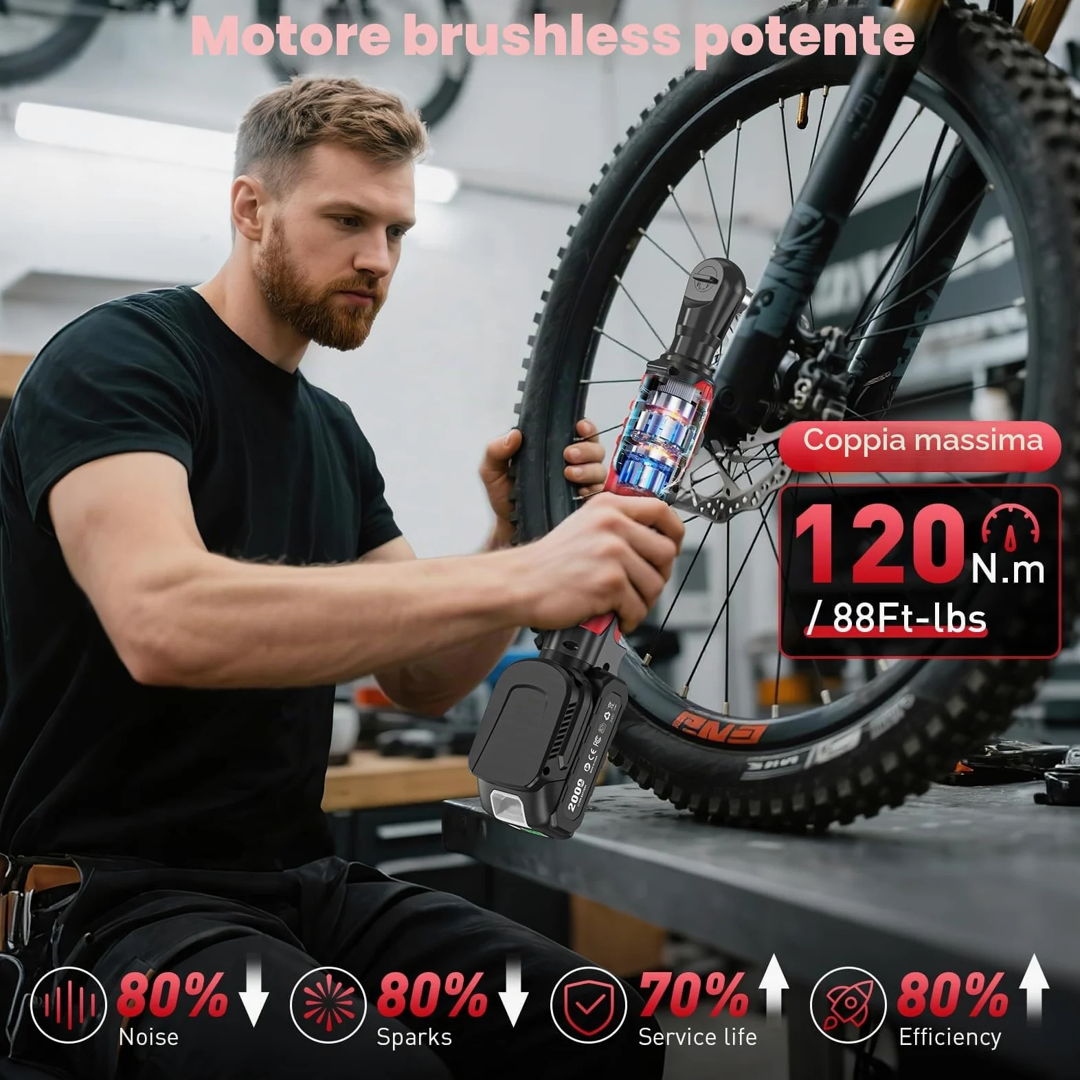 Chiave a cricchetto elettrica 3/8" Senza Fili: 120Nm (88 Ft-lbs) + 200 RPM, con 2 Batterie 2.0Ah, Luce LED e Set da 11 Boccole,Potente chiave elettrica per Auto e Riparazioni Domestiche