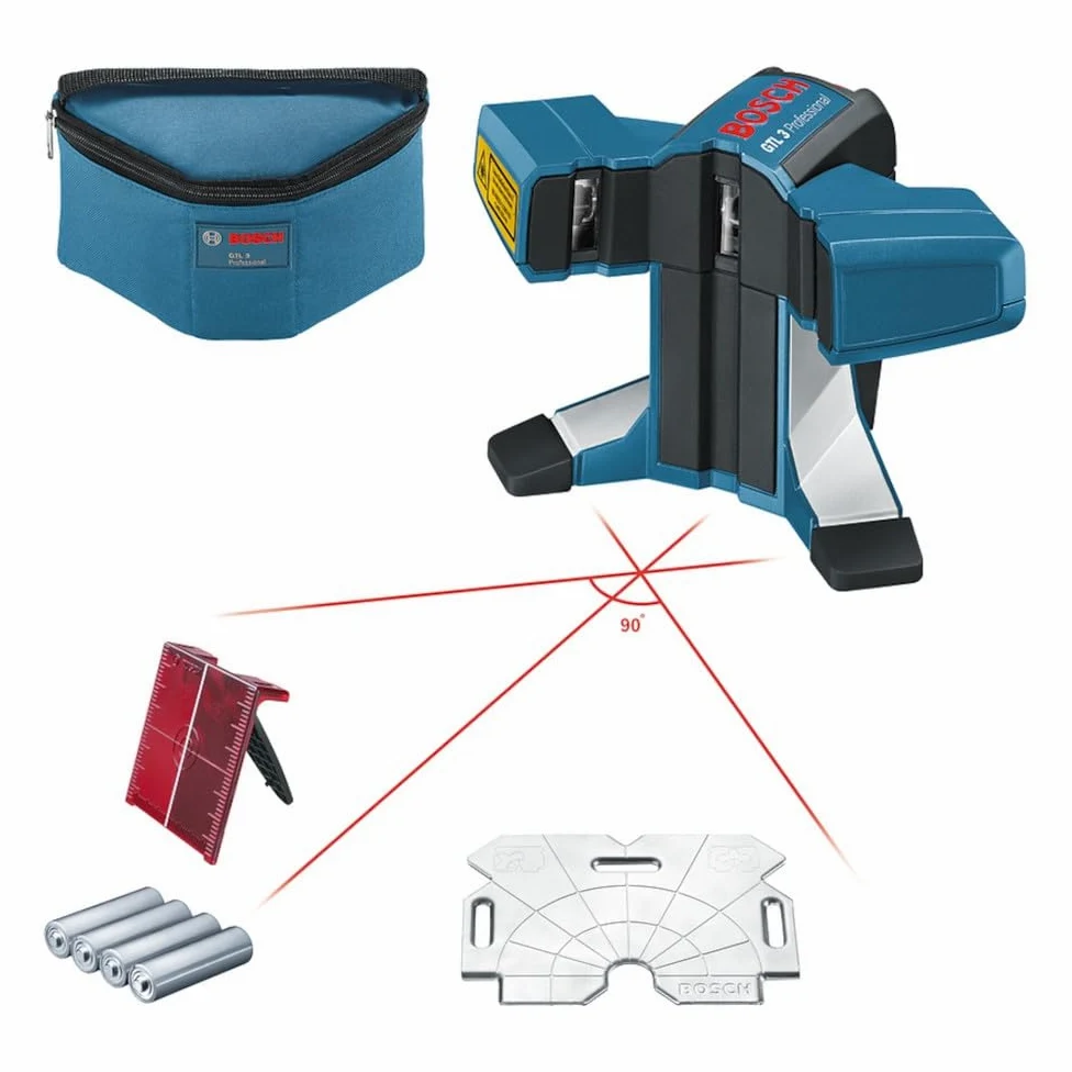 Bosch Professional GTL 3 Livella Laser per Piastrelle, 4 x Pile AA, Custodia Protettiva, Protezione da Polvere e Spruzzi IP 54, Piatto di Allineamento, Raggio d'Azione: 20 m