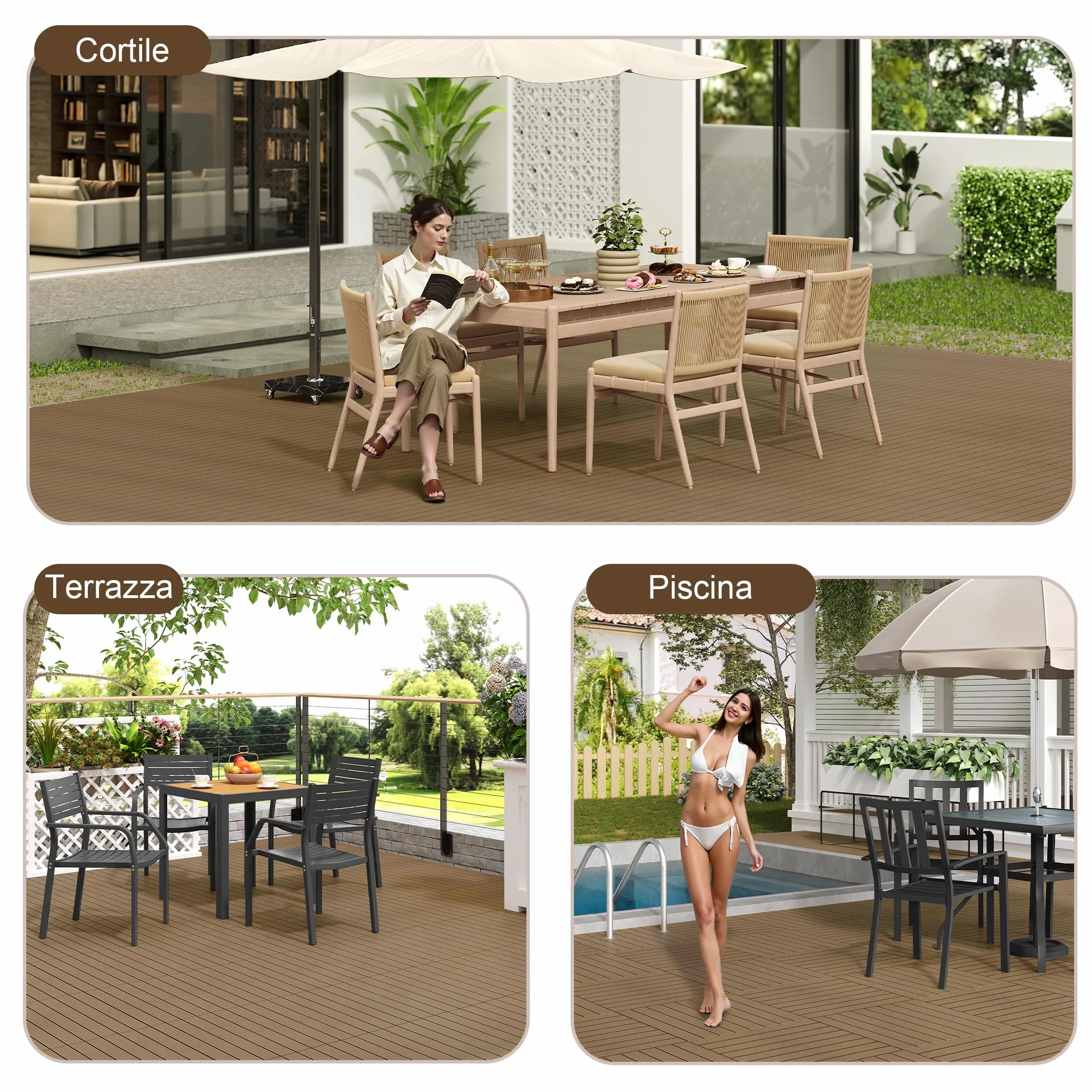 Laneetal Set di 12 Pavimento per Esterno, Pavimento WPC Incastro, per Giardino, Patio, Terrazza, Balcone, Pavimentazione Esterna 30x60 cm, Marrone Chiaro