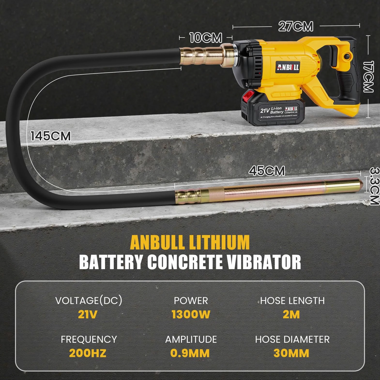 Anbull Vibratore per Calcestruzzo a batteria 2 m, 21V Vibratore per Cemento, 2 * 3000 mAh, Velocità di rotazione: 4800 giri/minuto, Ampiezza: 0,9 mm, Concrete Vibrator