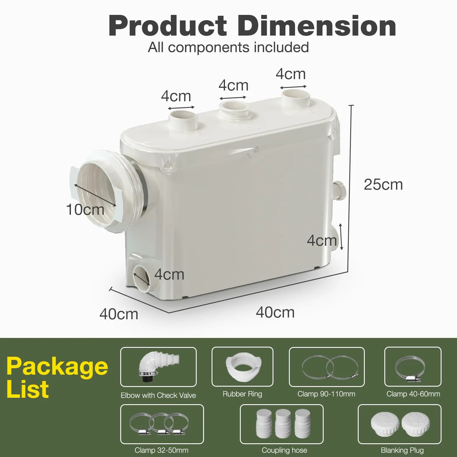 Smerigliatrice sanitaria da 500 W con scarico laterale, pompa di sollevamento per WC, lavanderia, cucina cantina, motore in rame, funzionamento silenzioso, installazione facile, 230 V