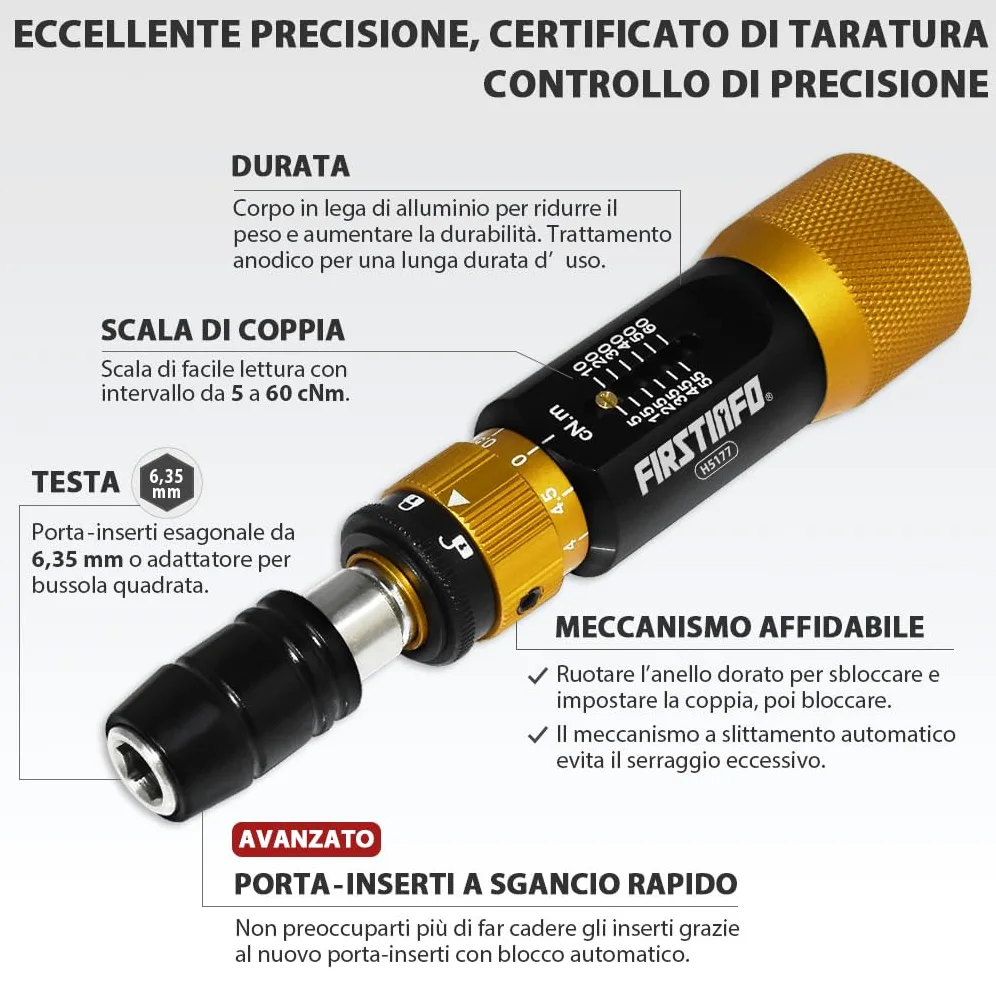 FIRSTINFO H5177 | Cacciavite Dinamometrico di Precisione Certificato | Attacco Rapido Hex 1/4" | Coppia Regolabile 5–60 cNm (0,05–0,6 Nm)