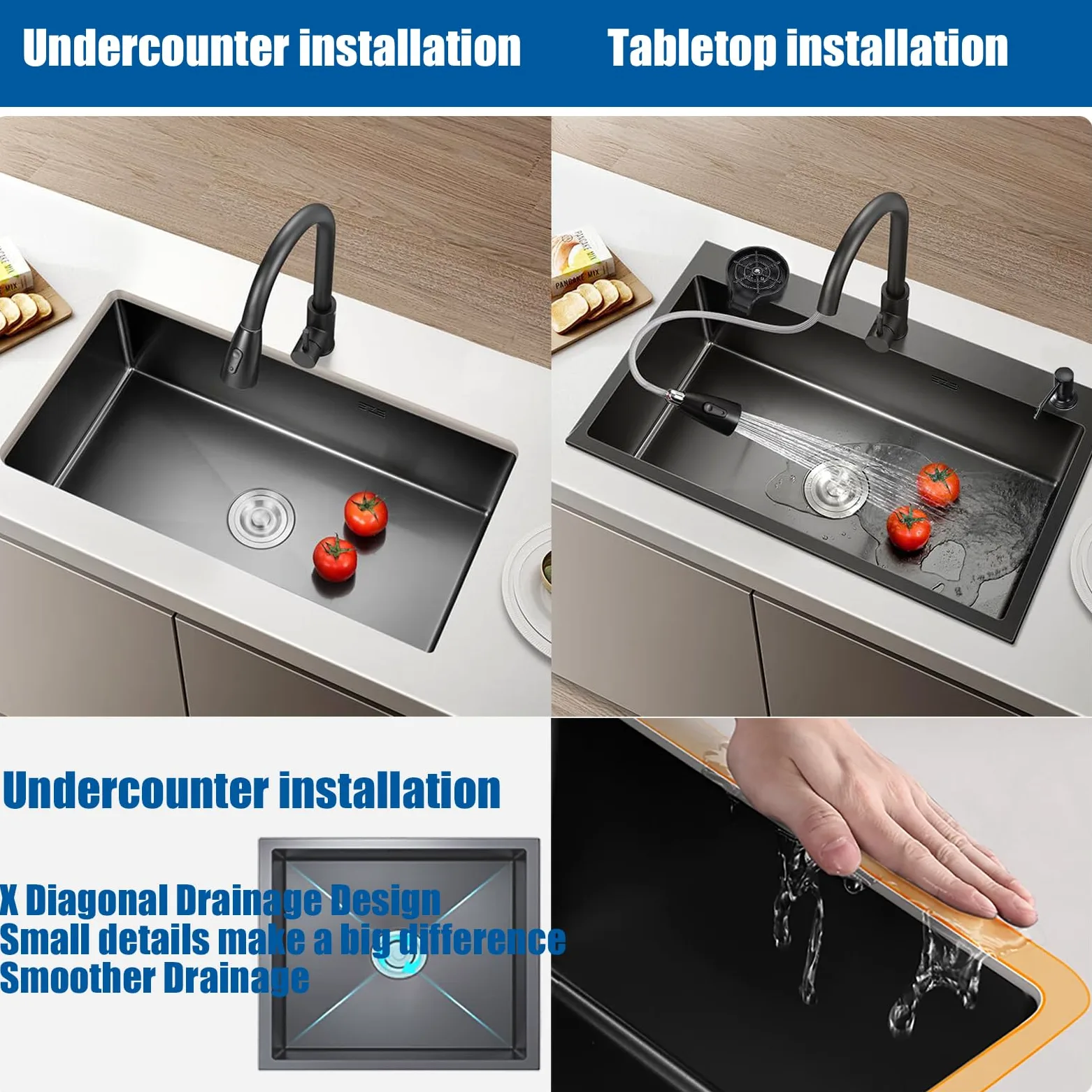 Lavello da cucina in acciaio inox nero con montaggio sotto piano di lavoro piccolo lavello da cucina con accessori per scolapiatti, adatto per cucine, roulotte, bar e ripostiglio