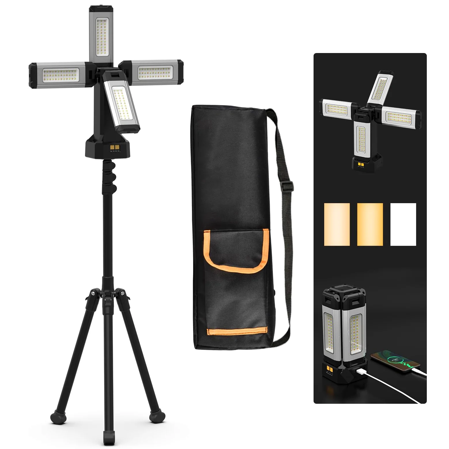 Faretto a Batteria Ricaricabile in Alluminio da 13200 mAh, con Supporto Pieghevole e Borsa per il Trasporto, Faro da Cantiere 8000 Lumen Dimmerabile