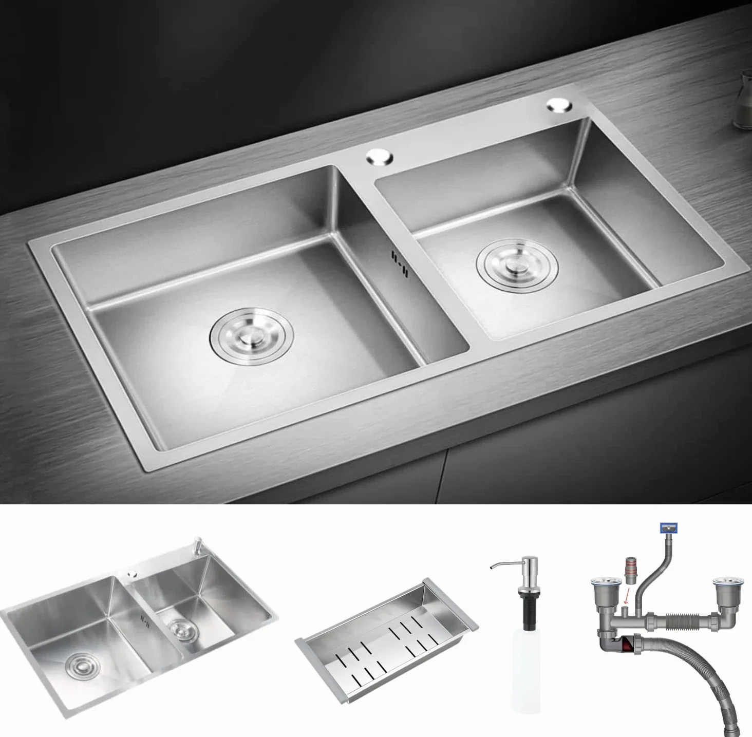 Lavello da Cucina in Acciaio Inox Fatto a Mano con 2 Fori Doppio Lavello con kit di scarico e filtro cestello, 78 * 43 * 20cm (Argento)