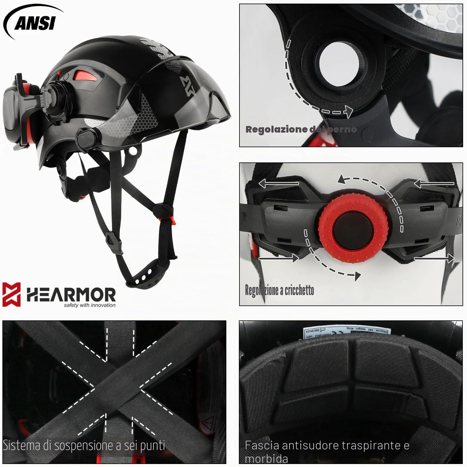 HEARMOR Casco protettivo 3 in 1 con protezione dell'udito e visiera, casco da lavoro certificato EN 397 per lavori di foresta, costruzione e arrampicata, con tasca portatile e inserto rinfrescante per