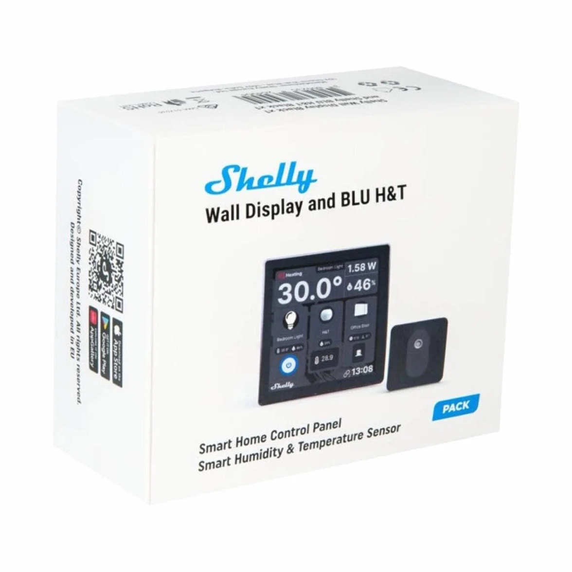 Shelly Wall Display Nero + Blu H&T Nero, Pannello di Controllo Wi-Fi Smart Home, Termostato, Relè 5A Integrato, Conduttore Neutro Richiesto, Dati Ambientali, Domotica, Alexa e Google Home