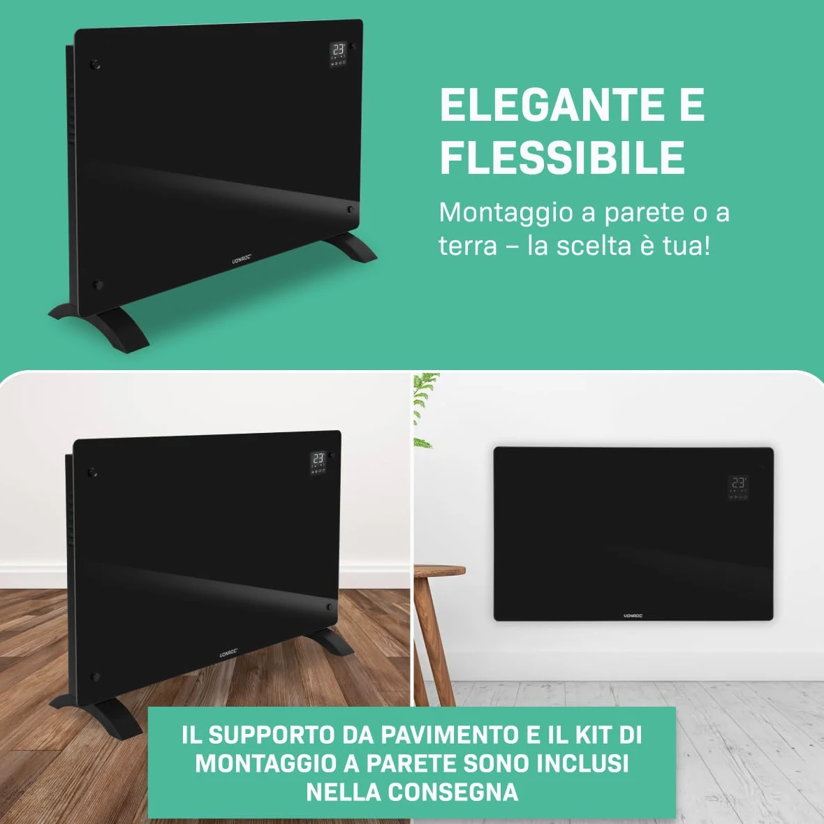 VONROC Riscaldatore elettrico di lusso | Termoconvettore smart a pannello in vetro - 2000W - | Controllo manuale e Wifi Nero