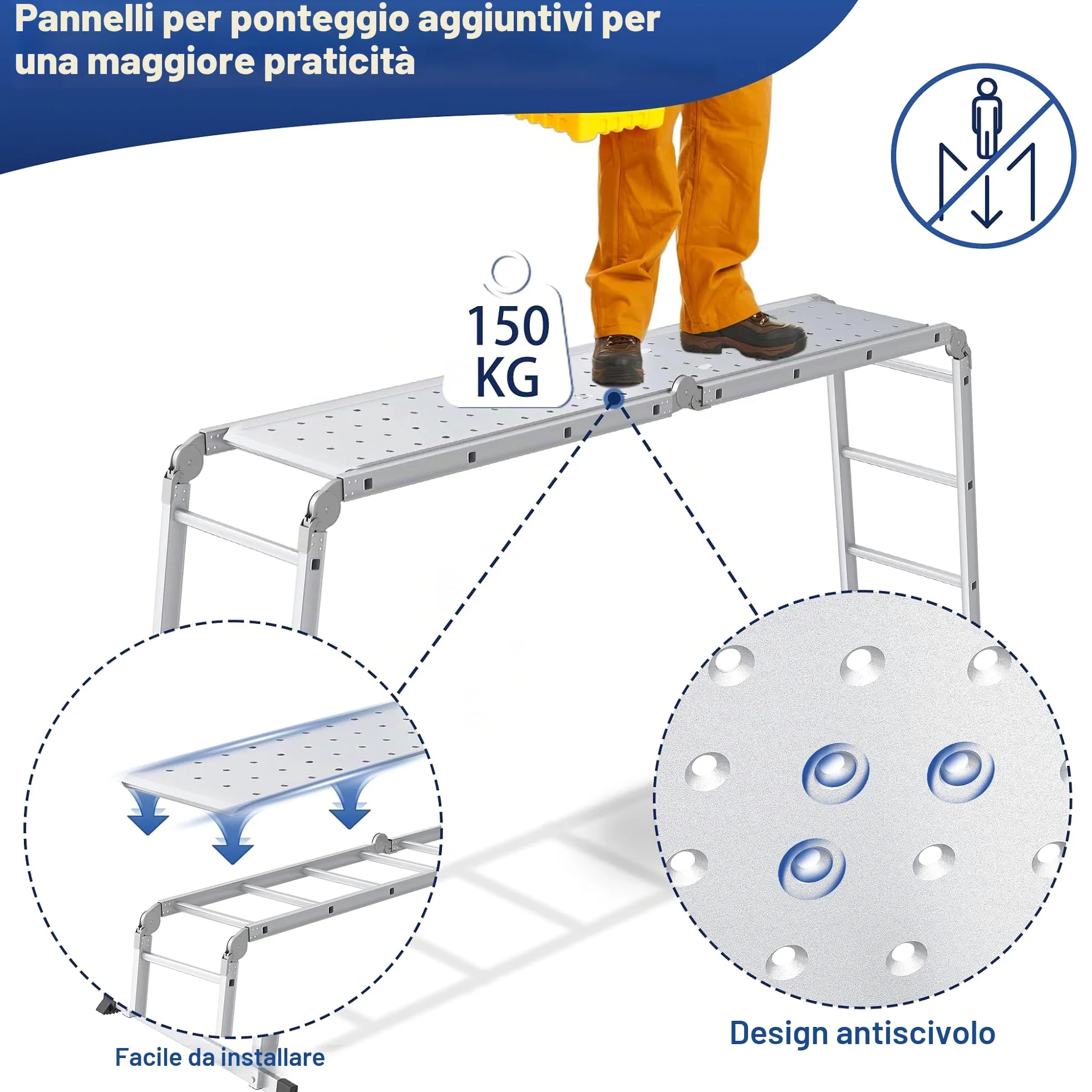 UISEBRT - Scala multiuso pieghevole 4 x 3 in alluminio con piattaforma, 6 in 1, 340 cm, fino a 150 kg, colore: argento