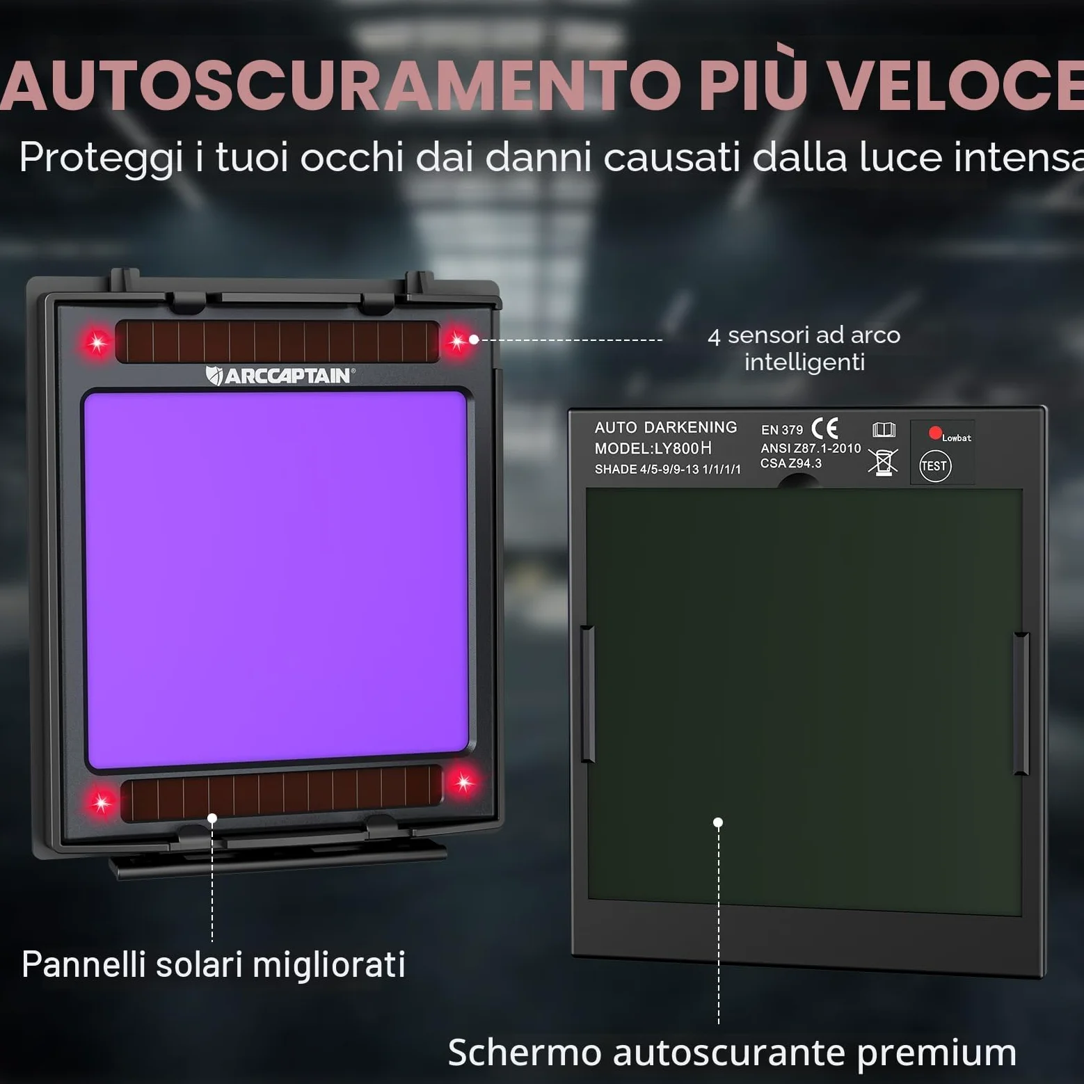 ARCCAPTAIN 10 x 9,3 cm, casco per saldatura auto oscurante, ad energia solare, cappuccio per saldatura a colori veri, casco per saldatore con chiarezza ottica 1/1/1/1, 4 sensori ad arco largo 4/5-9/9