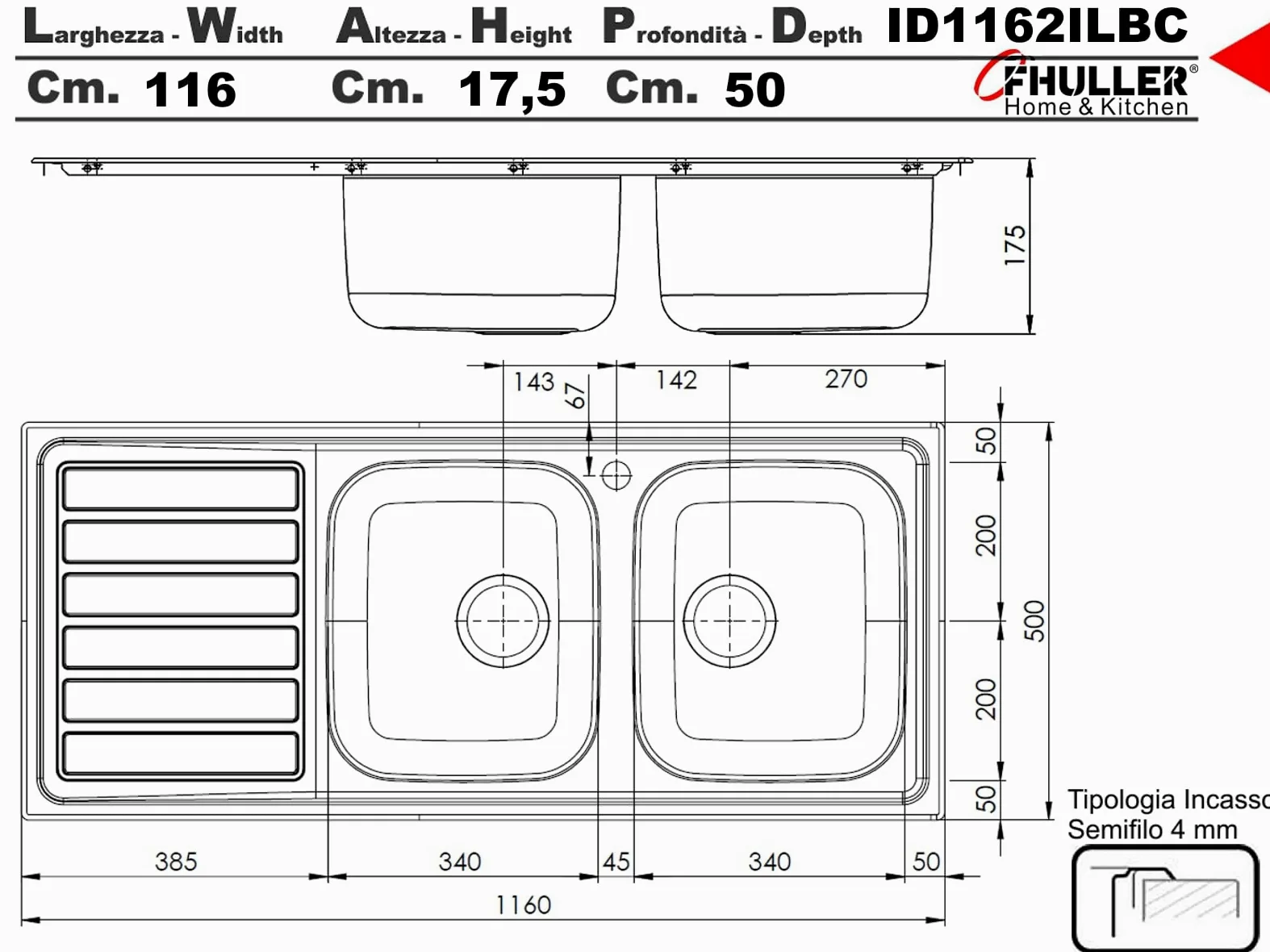 ID1162ILBC ● Lavello FHULLER Incasso Cucina IDEA 116Xx50 2 Vasche a Destra e Gocciolatoio Sinistra, Spessore Acciaio 7/10 Vasche Profonde H 18 Realizzato in Acciaio Inox Spazzolato Made in Italy