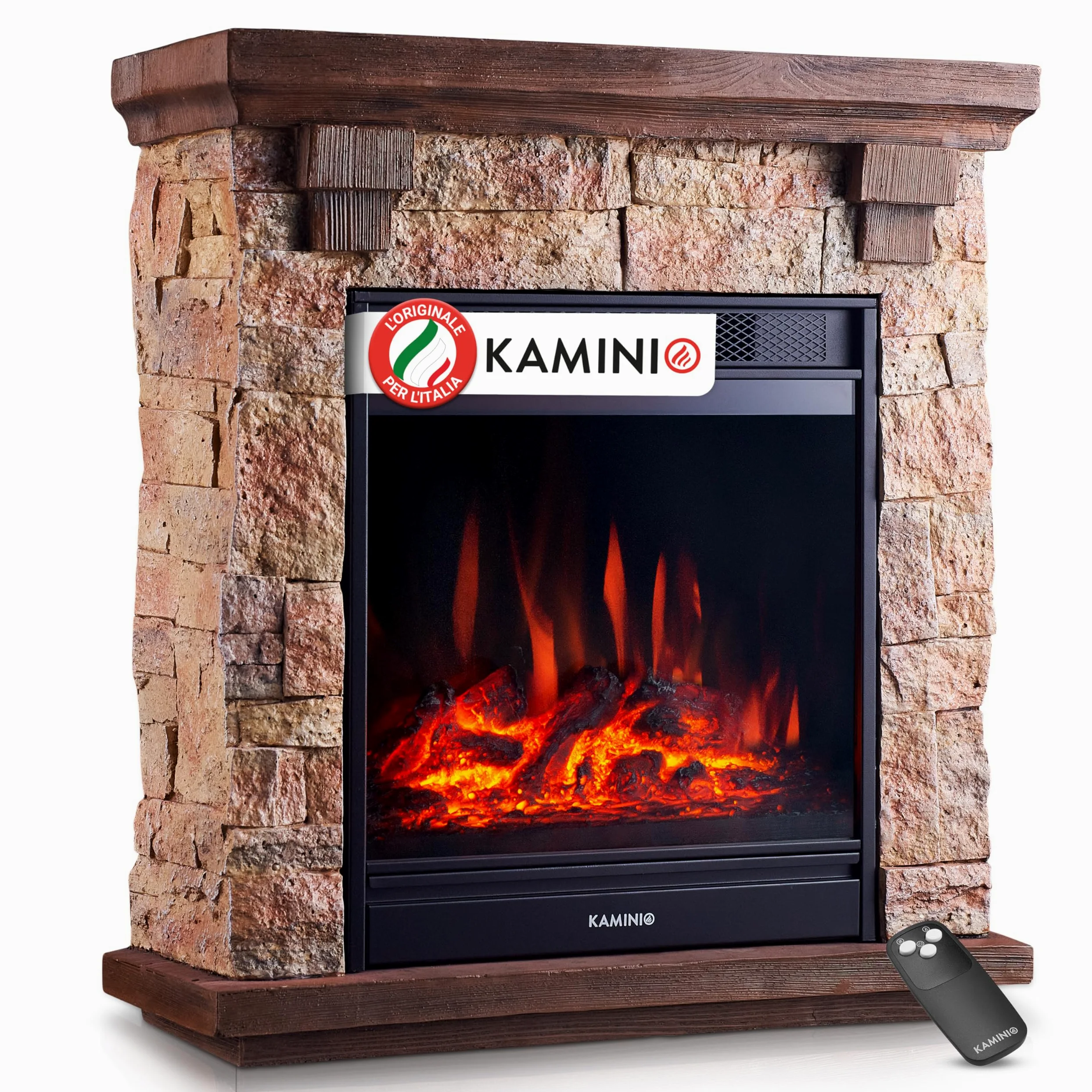 KAMINIO Camino elettrico Juan - Caminetto elettrico a pavimento in effetto pietra con riscaldamento, effetto fiamma 3D, telecomando (Beige)