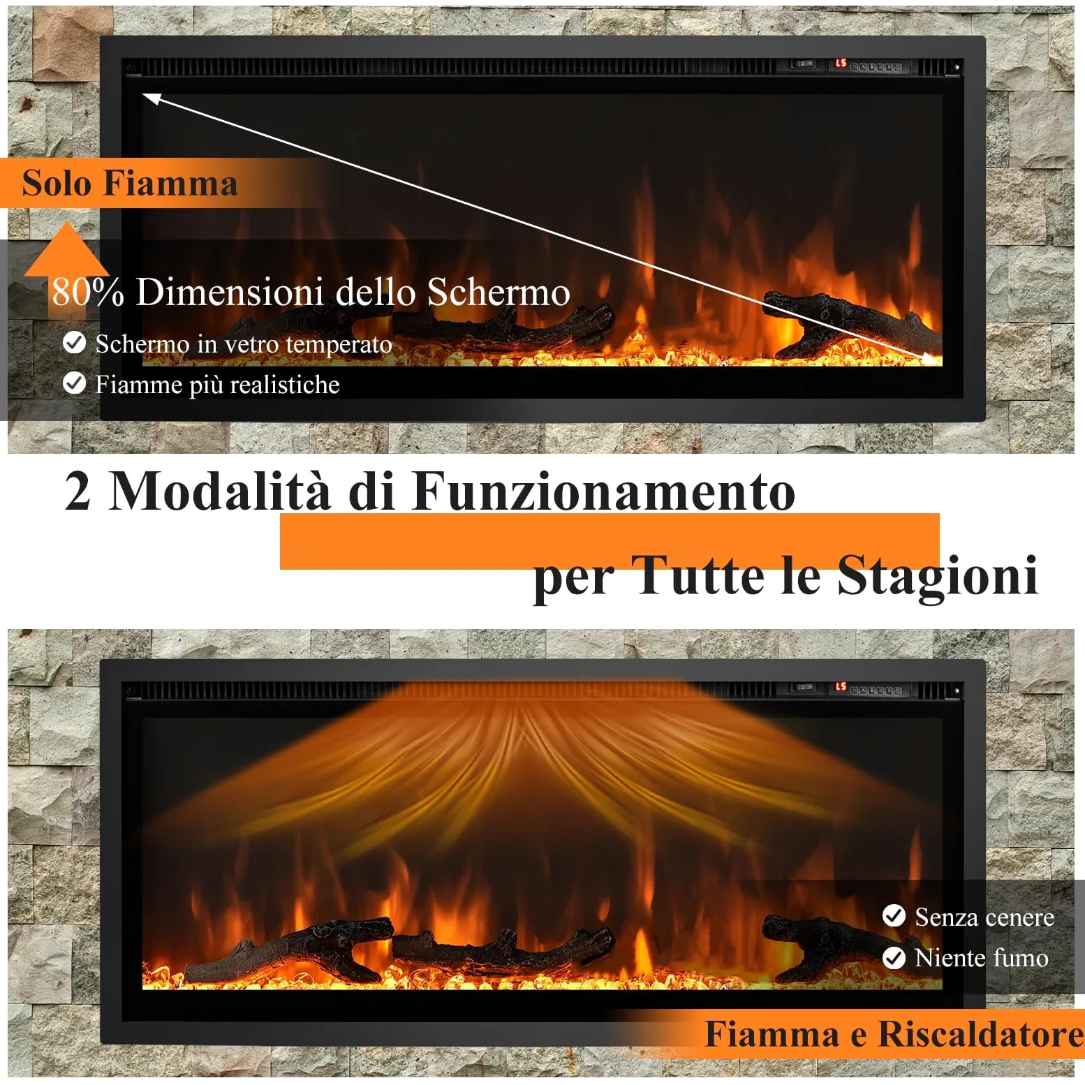 GYMAX Camino Elettrico, Caminetto a Parete Incassato, 750W/1500W, con Telecomando, Timer, Decorazione di 3 Tronchi e Cristalli, 91,5 x 14 x 45 cm (91,5 x 14 x 45 cm)