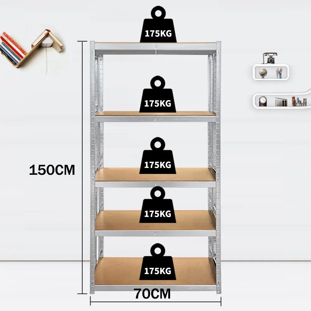 Scaffalatura per garage a 5 ripiani, resistente, 150 x 70 x 30 cm, in metallo, capacità 875 kg, montaggio senza bulloni, versatile, per officina, cucina, soggiorno, scaffali multiuso