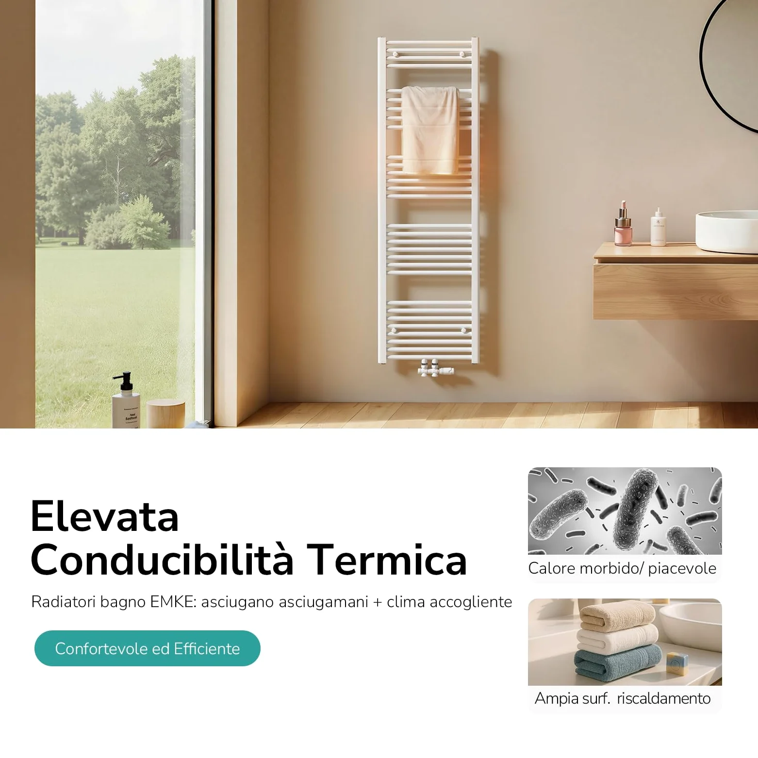 EMKE Scaldasalviette termoarredo, 120 x 50 cm, bianco colore, radiatore scaldasalviette ad acqua calda, termoarredo da bagno con collegamento centrale