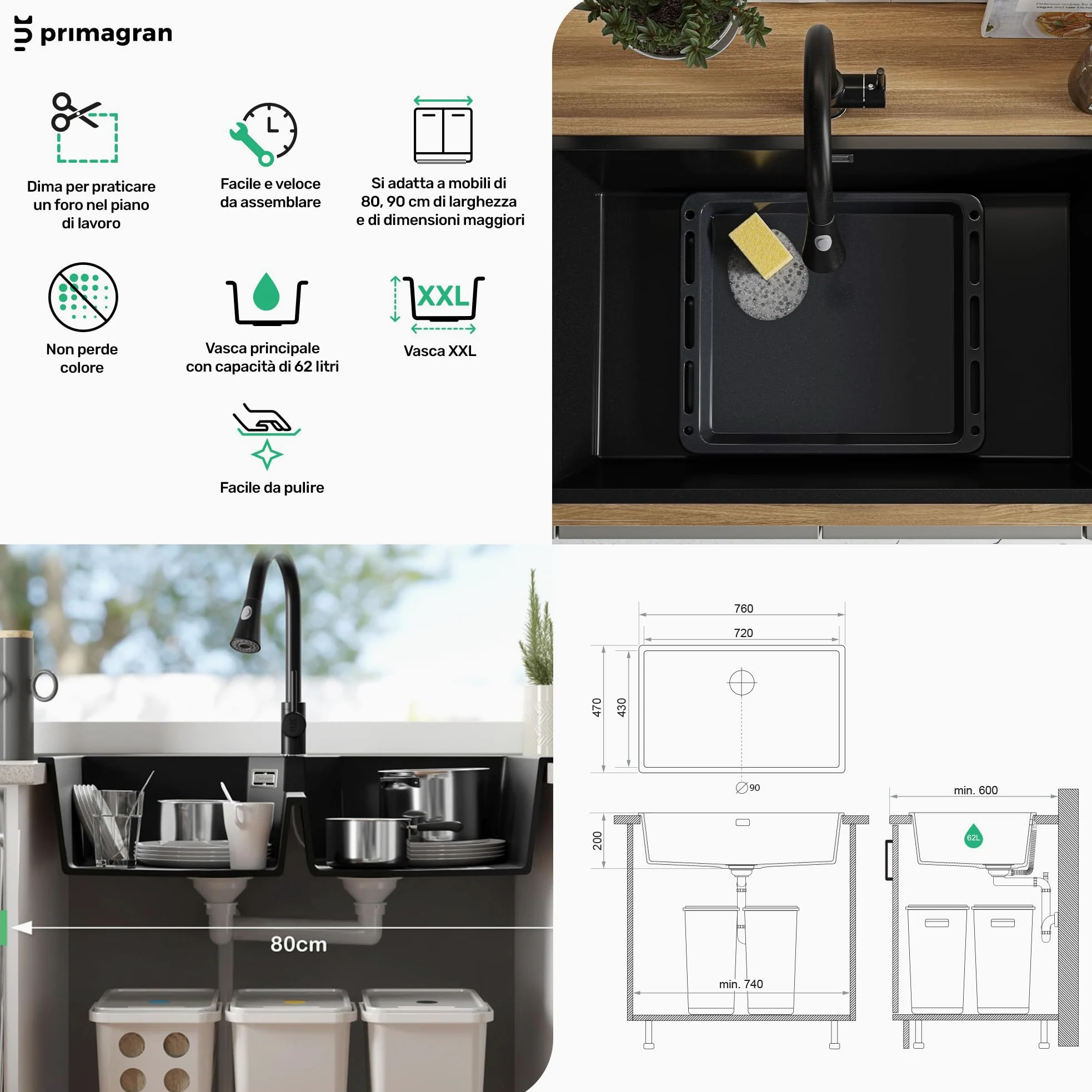 PRIMAGRAN Lavello da Cucina Nero 76x47cm, Lavandino in Granito a 1 vasca + Sifone Classico, Lavabo da Cucina Incasso al Mobile 80cm - London Slim S477