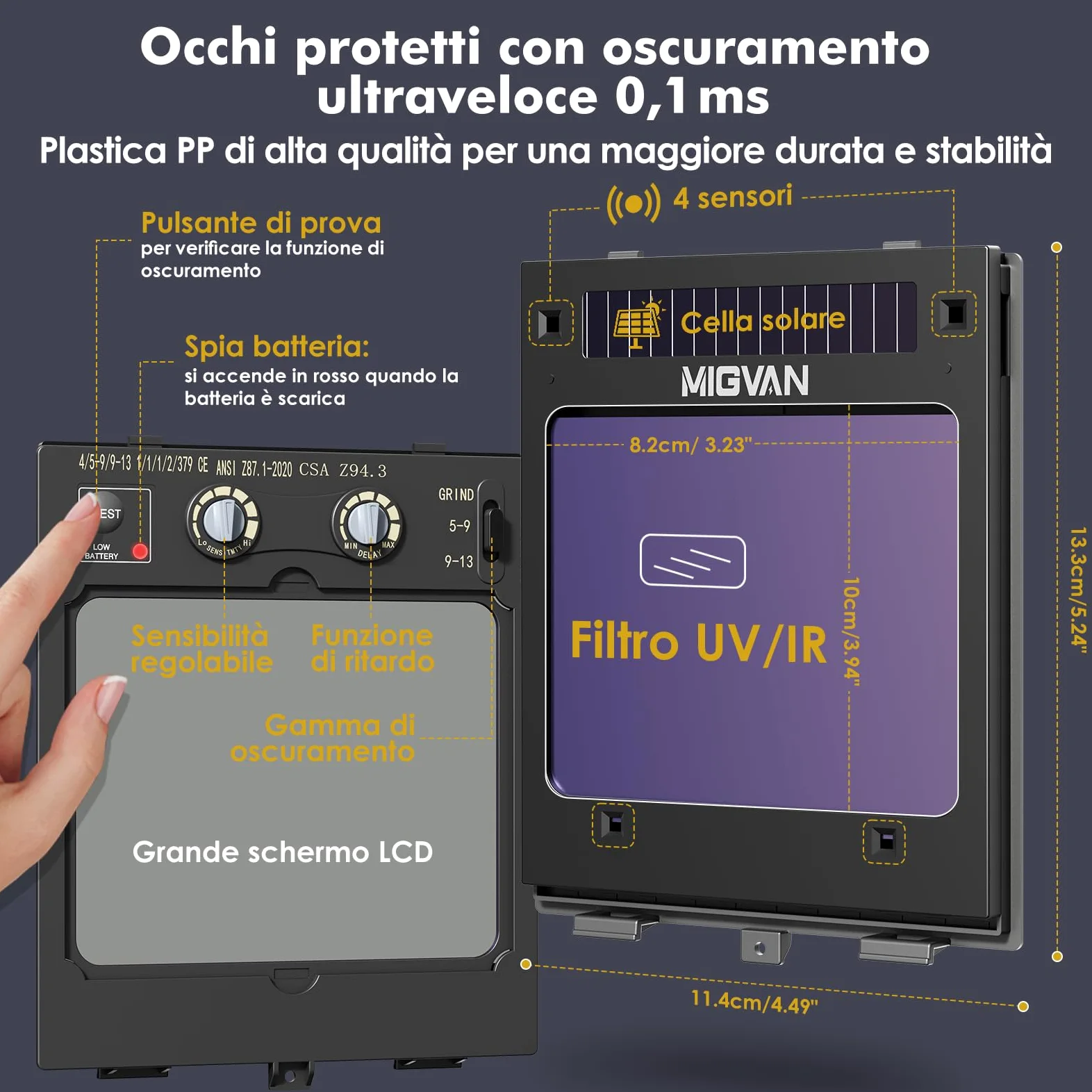 Maschera Saldatura Autoscurante 0,1 ms di oscuramento automatico ultra rapido, True-Color, 100×82 mm, solare batteria, DIN 4/5-9/9-13, Casco Saldatura MIG TIG MMA ARC Smerigliatura H21