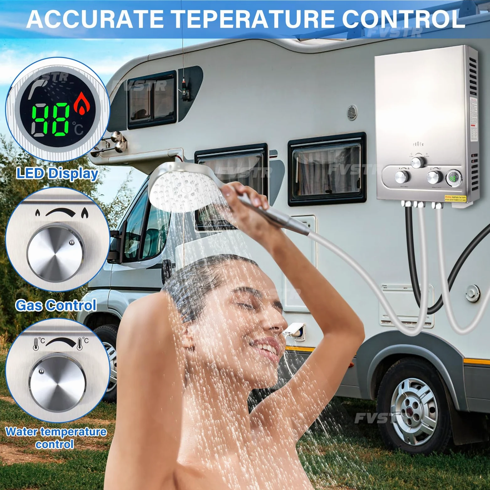 Scaldabagno istantaneo a propano senza serbatoio, 1,6 GPM, 7L, portatile, per uso esterno in camper, roulotte, cabine, fienili, punto d'uso, argento