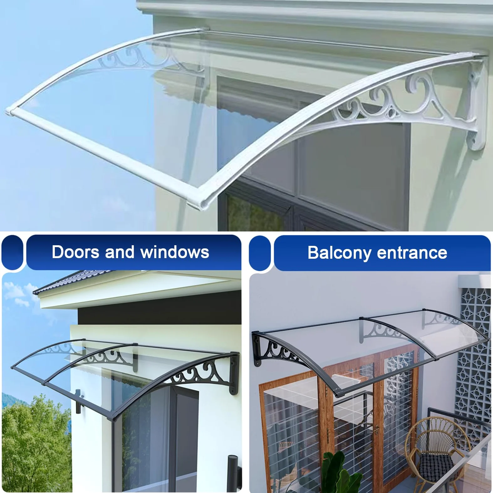 Pensilina da Esterno Moderna,Tettoia per Porta e Ingresso,Tendalino per Finestra,con Staffa Nera/Bianca/Grigia/Oro,Tenda da Veranda Misura 151,Tetto Policarbonato (80x160cm/32"x63",White)