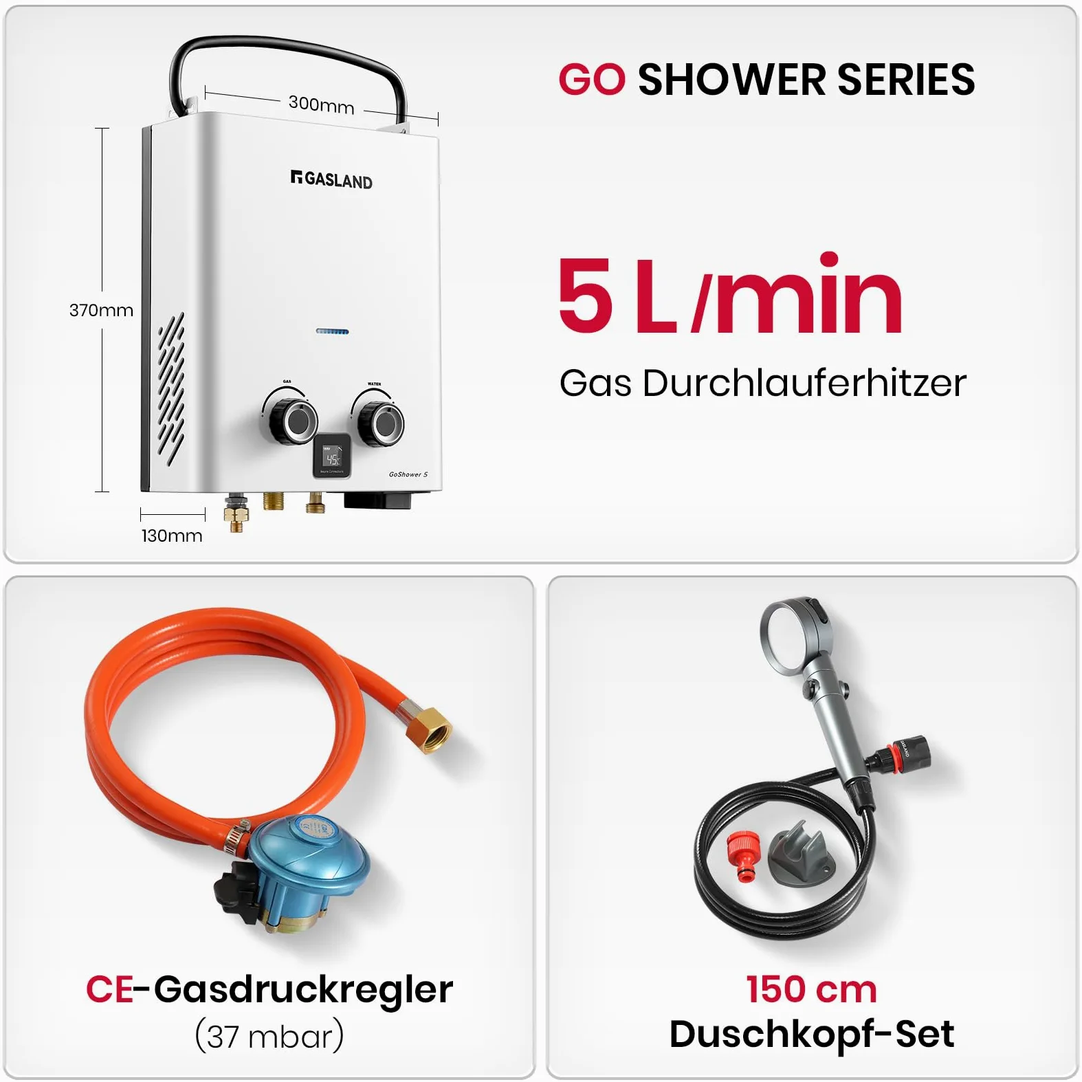 GASLAND GO Shower G5, scaldabagno a gas da esterno 5L/Min propano (37 mbar)/butano (28-30 mbar), scaldabagno a gas per esterni, scaldabagno a GPL, doccia calda da campeggio
