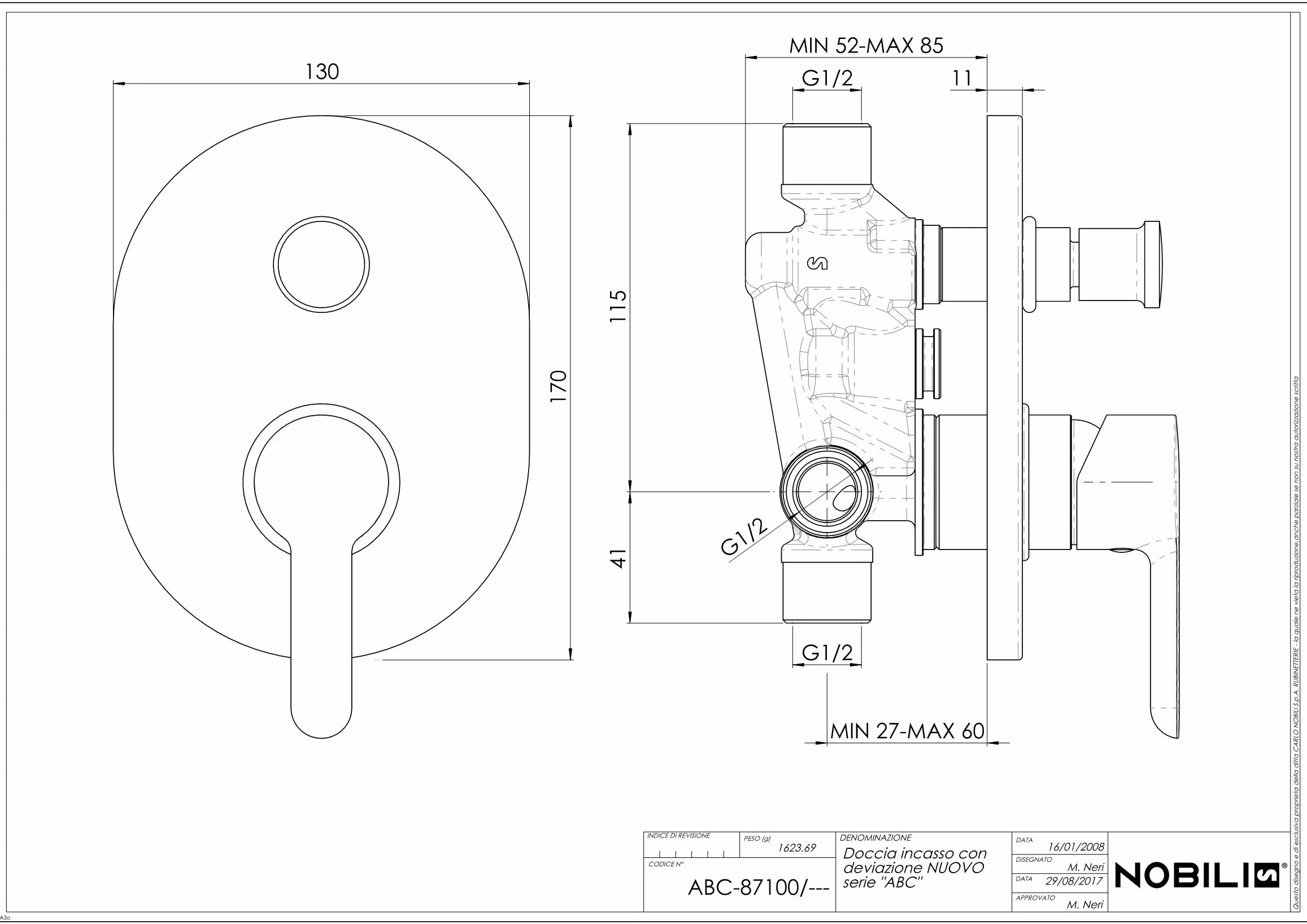 Nobili Rubinetterie Ab 87100 Miscelatore Monocomando per Vasca-Doccia ad Incasso a 2 Vie Collezione Abc Cromo