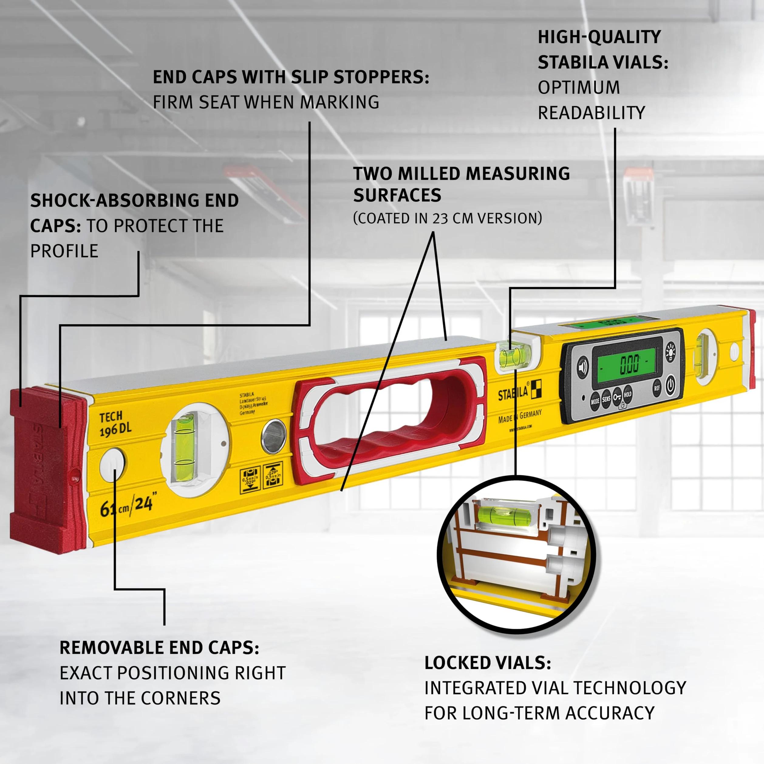 STABILA Livella elettronica TECH 196M DL – livella digitale impermeabile e antipolvere secondo IP 67, 2 display digitali, senza calibrazione con custodia, 61 cm