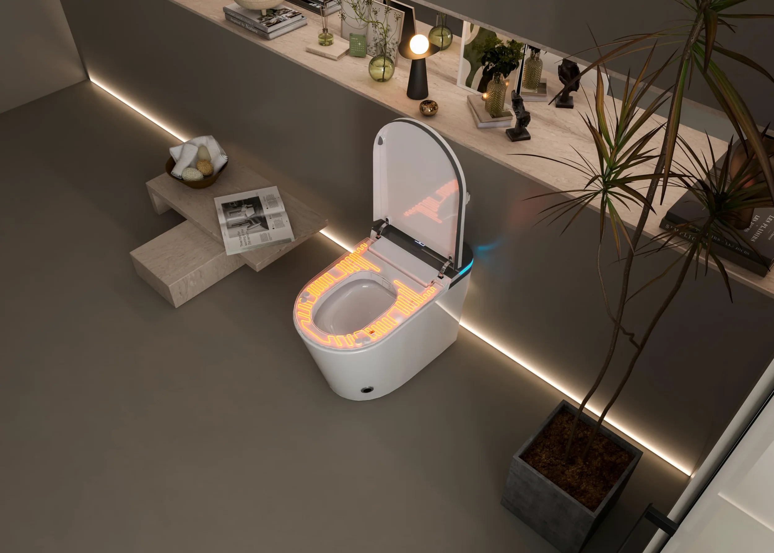Lussuoso WC allungato con bidet intelligente, doppio risciacquo, apertura e chiusura automatica, sedile riscaldato, scarico a parete, bianco