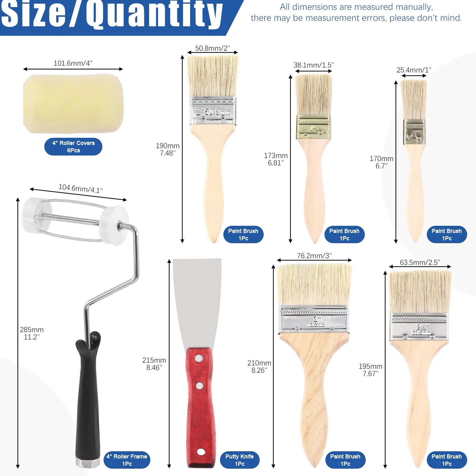 Glarks Kit di copertura per rullo da 13 pezzi, con 6 coperture per rullo da 10 cm, con 1 telaio a rullo, 5 pennelli da 1/1,5/2/2,5/3 di pollice e 1 coltello da stucco da 2 pollici per pittura della