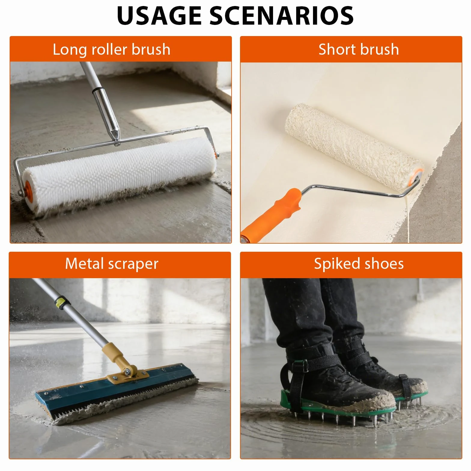 EXLECO Kit Autolivellante Per Pavimenti, 3&5MM Bifacciale Raschietto Pavimenti in Acciaio Inox, Rullo di Sfiato, Pittura con Rullo, Asta Telescopica, Scarpe Chiodate 30MM, Spatole per Stucco, Guanti