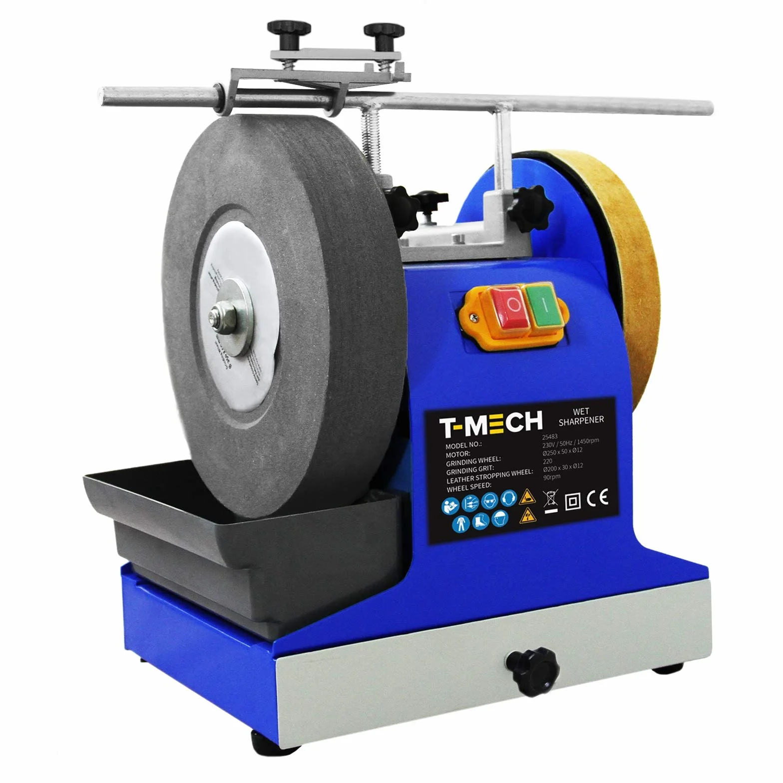 T-Mech Smerigliatrice da Banco Affilatrice ad Acqua 200W 250mm Grana 220 con Potente Mola Affila Attrezzi Sgorbie e Coramella a Disco in Pelle per Finitura Lucida