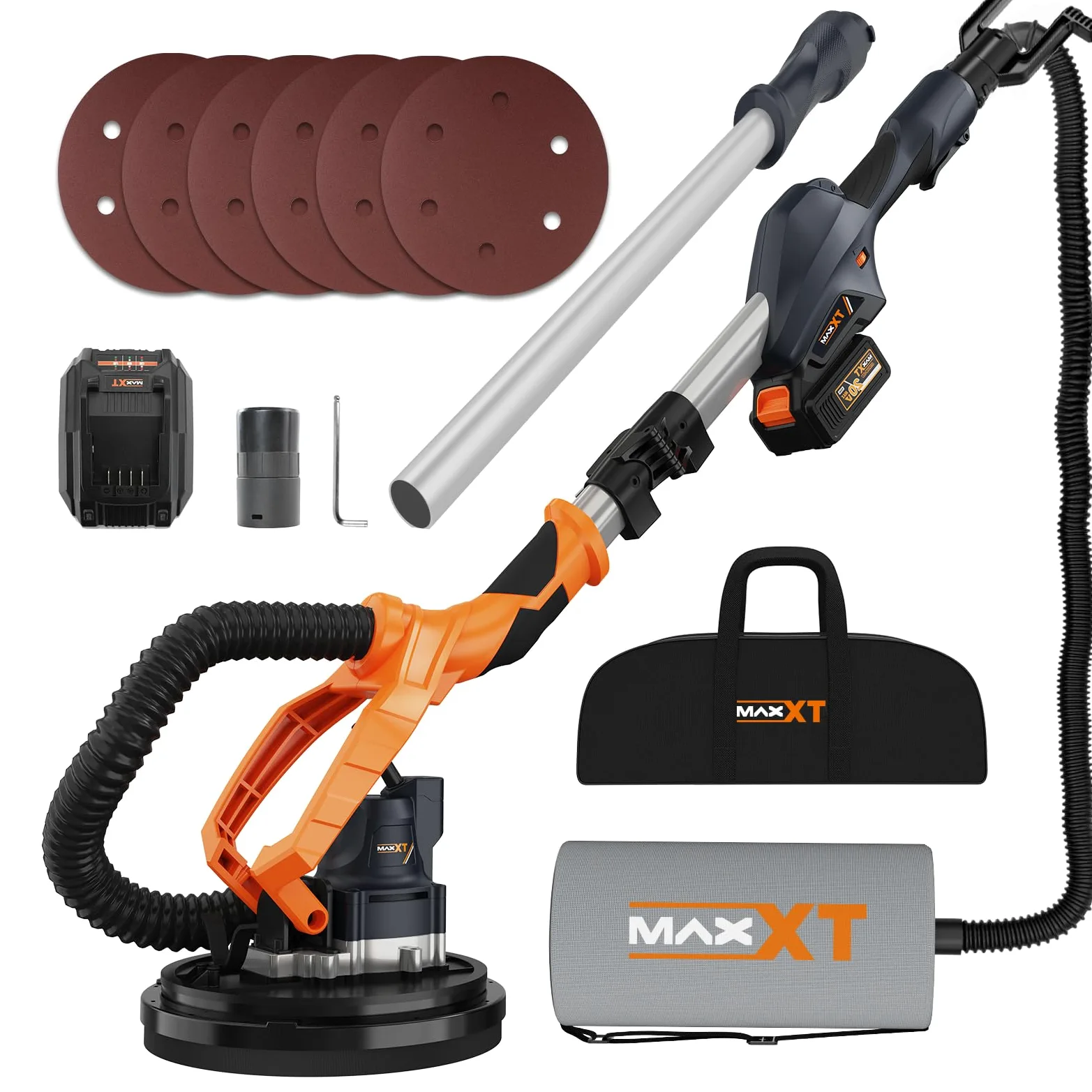 MAXXT Levigatrice per muro 20V senza spazzole: Sistema auto-aspirante, Velocità regolabile continua (600-1200 RPM), Disco da 225 mm, Pieghevole (estensibile 110-165 cm), Per pareti e soffitti