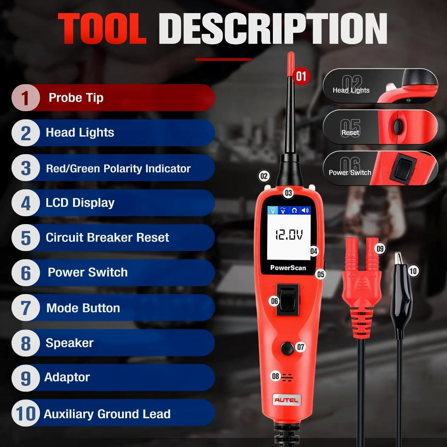 Autel PowerScan PS100 Kit Sonda Circuito, Strumento Diagnostico Sistema Elettrico12-24V, Interruttore Circuito Integrato, Lettura Resistenza Corrente CA/CC, Test Cortocircuito/Continuità/Sonda/Segnale