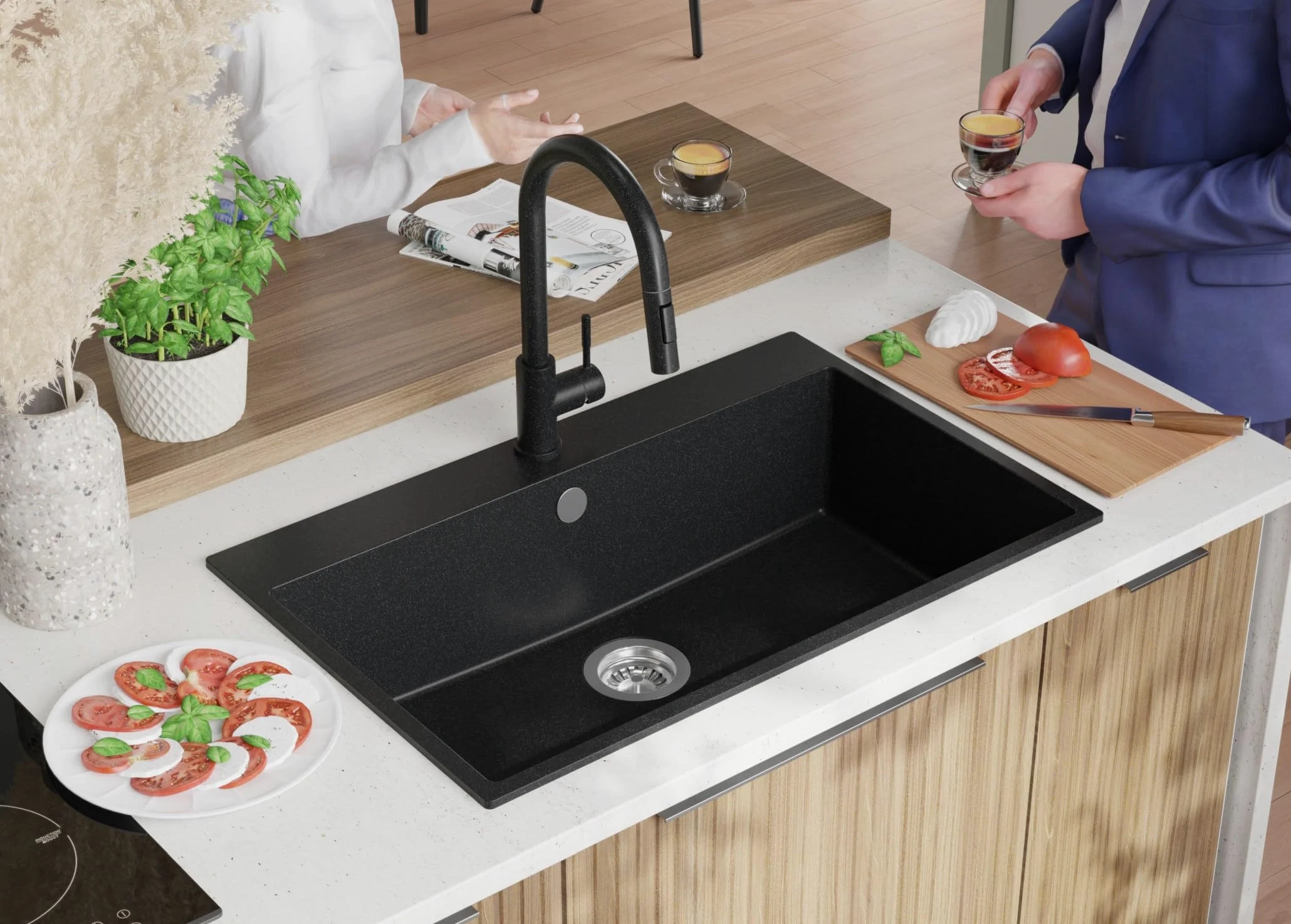 PRIMAGRAN Lavello da Cucina Grafite 78x50cm, Lavandino in Granito a 1 vasca + Sifone Classico, Lavabo da Cucina Incasso al Mobile 80cm - Riga S397