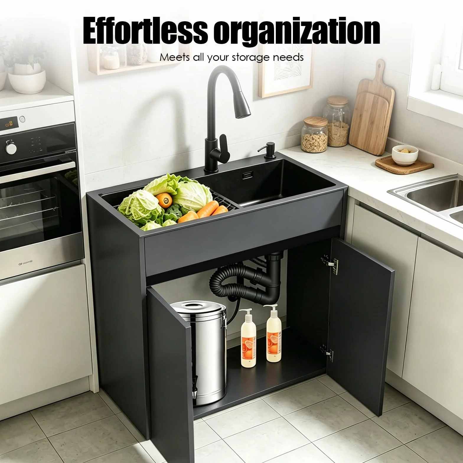 Lavello da Esterno Autoportante con Mobile per Giardino e Officina, lavabo in acciaio inox nero, corpo in alluminio alveolare con piedini regolabili, miscelatore caldo/freddo e kit di scarico inclusi