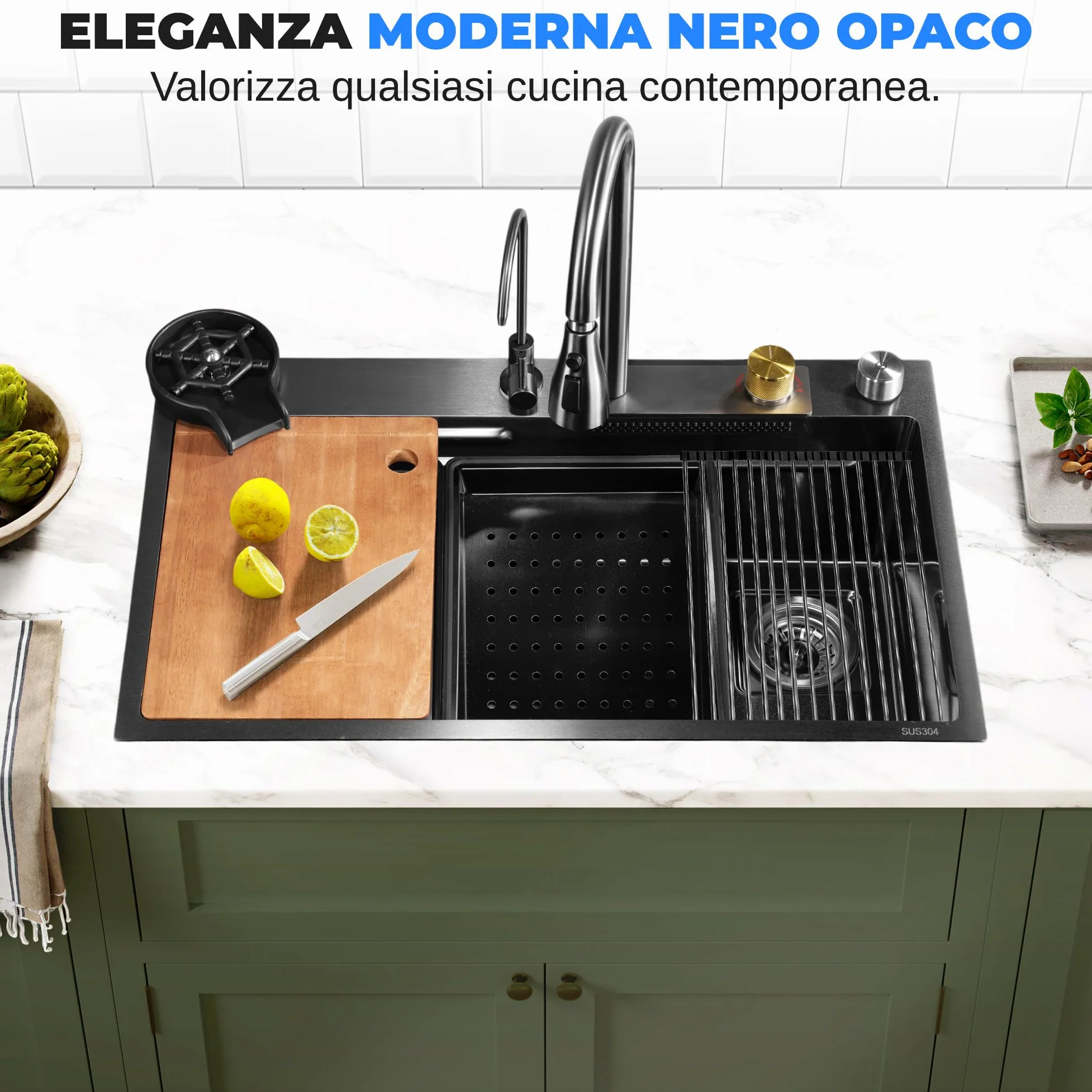 SereneLife Lavello Cucina 1 Vasca in Acciaio Inox Nero 75x46x22 cm, Lavandino Cucina con Scolapiatti, Cestello Filtro, Vassoio e Tagliere