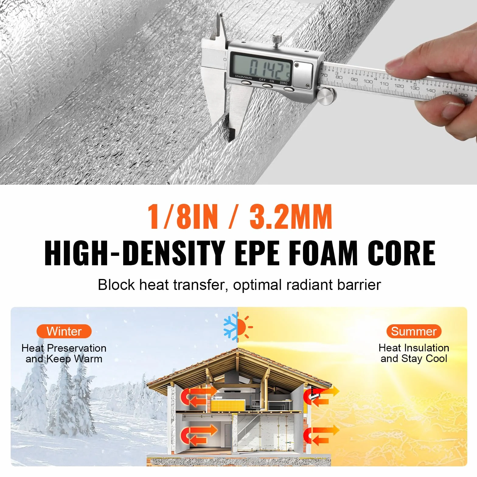 VEVOR Rotolo di Isolamento Riflettente Doppio, Barriera Radiante con Anima in Schiuma, 3,2 mm 605 x 15240 mm, Scudo Riflettente Calore in Schiuma EPE Alluminio Bifacciale, per Finestra Tetto Camper