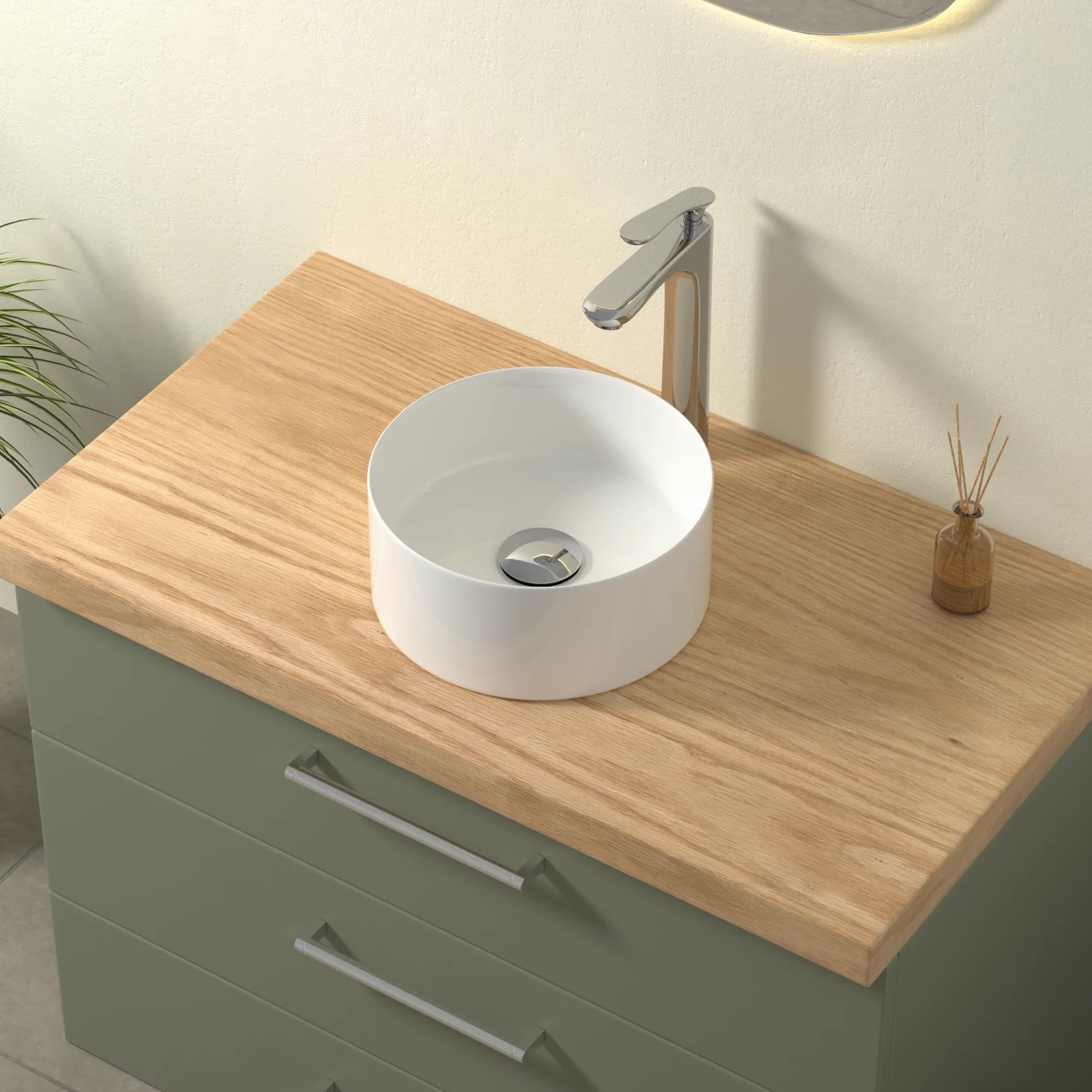 Lavabo rotondo, piccolo lavabo da appoggio, lavabo a mano in elegante design facile da pulire, per bagno e WC degli ospiti (bianco lucido, 31 x 31 x 11 cm)