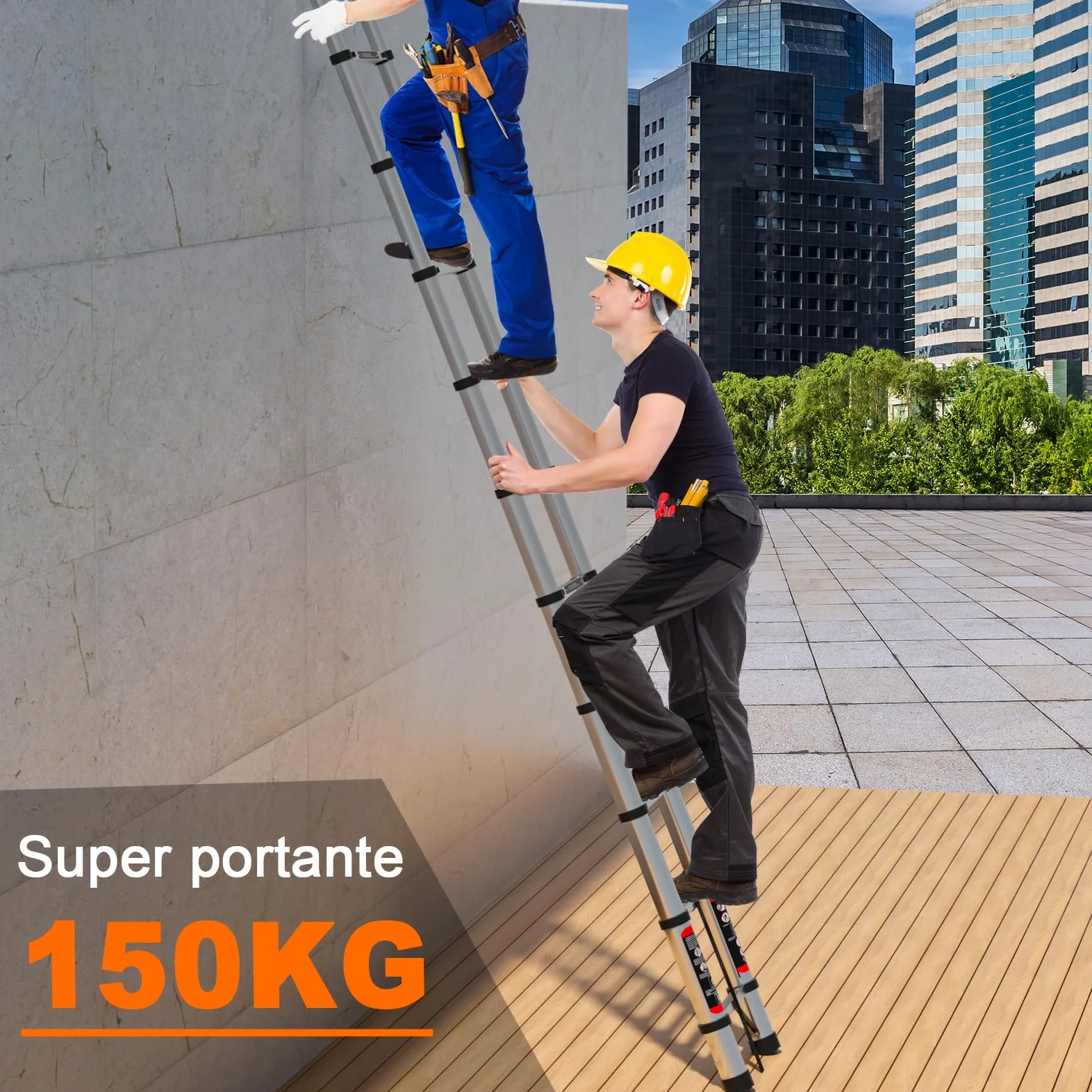 Scala Telescopica 5 Metri con Gancio, Scala Pieghevole Portatile con Piedini Antiscivolo, Estensibile & Altezza Regolabili, Scale Allungabile per Casa, Giardino, Coperture e Camper