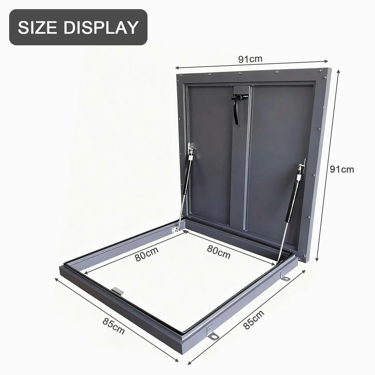 Botola per tetto - Botola di accesso al tetto in alluminio con maniglia a interruttore, porta di sicurezza per tetto con asta di supporto idraulica, per soffitta, cantina, seminterrato (80×80cm)