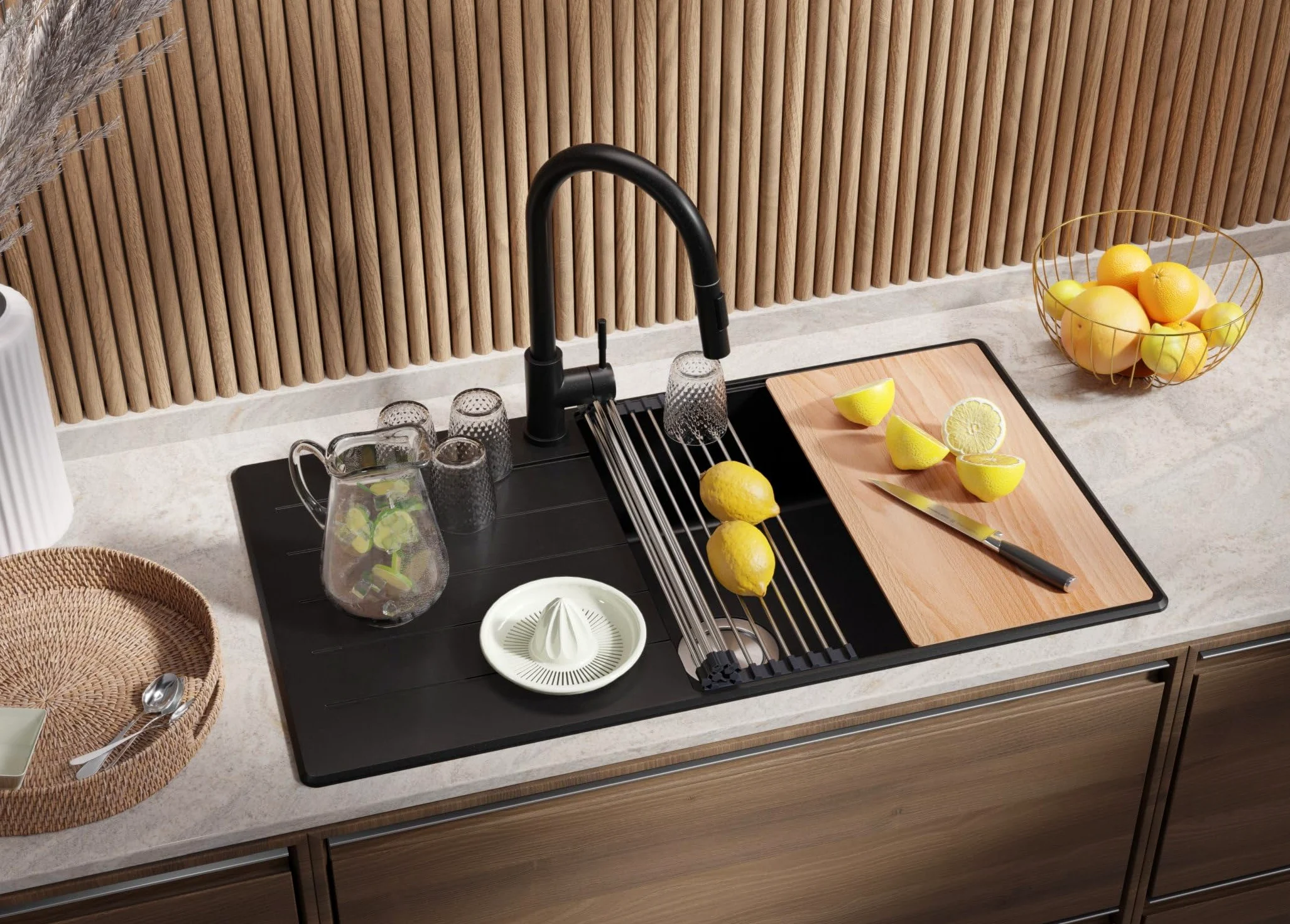 PRIMAGRAN Lavandino da Cucina Tutto Nero 90x50cm, Lavello in Granito a 1 vasca + Rubinetto 40x20cm + Set di accessori, Lavabo da Cucina Incasso al Mobile 60cm - Copenhagen Top S734
